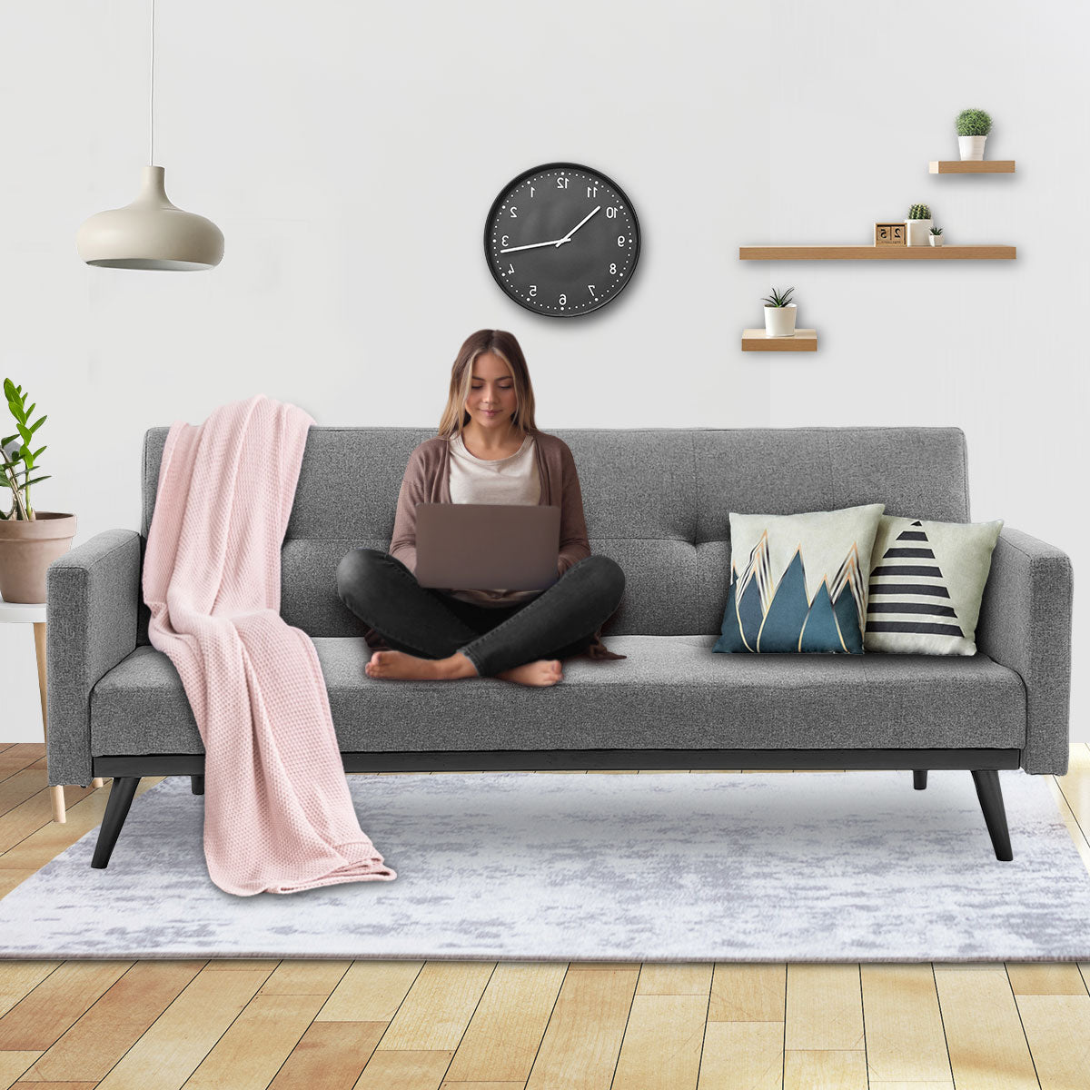 Sarantino Tufted Faux Linen 3-Seater Sofa Bed with Armrests - Light Grey 11