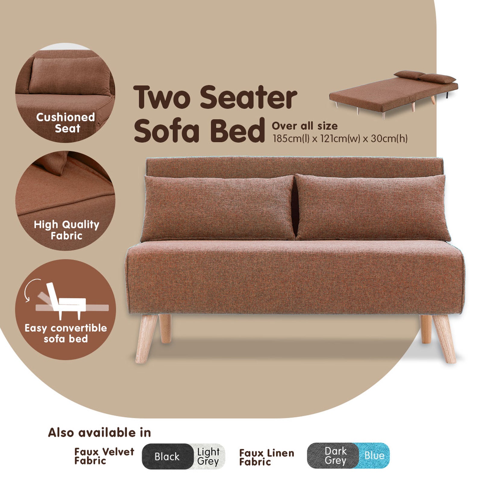 Sarantino 2-Seater Adjustable Sofa Bed Lounge Faux Linen - Brown 6