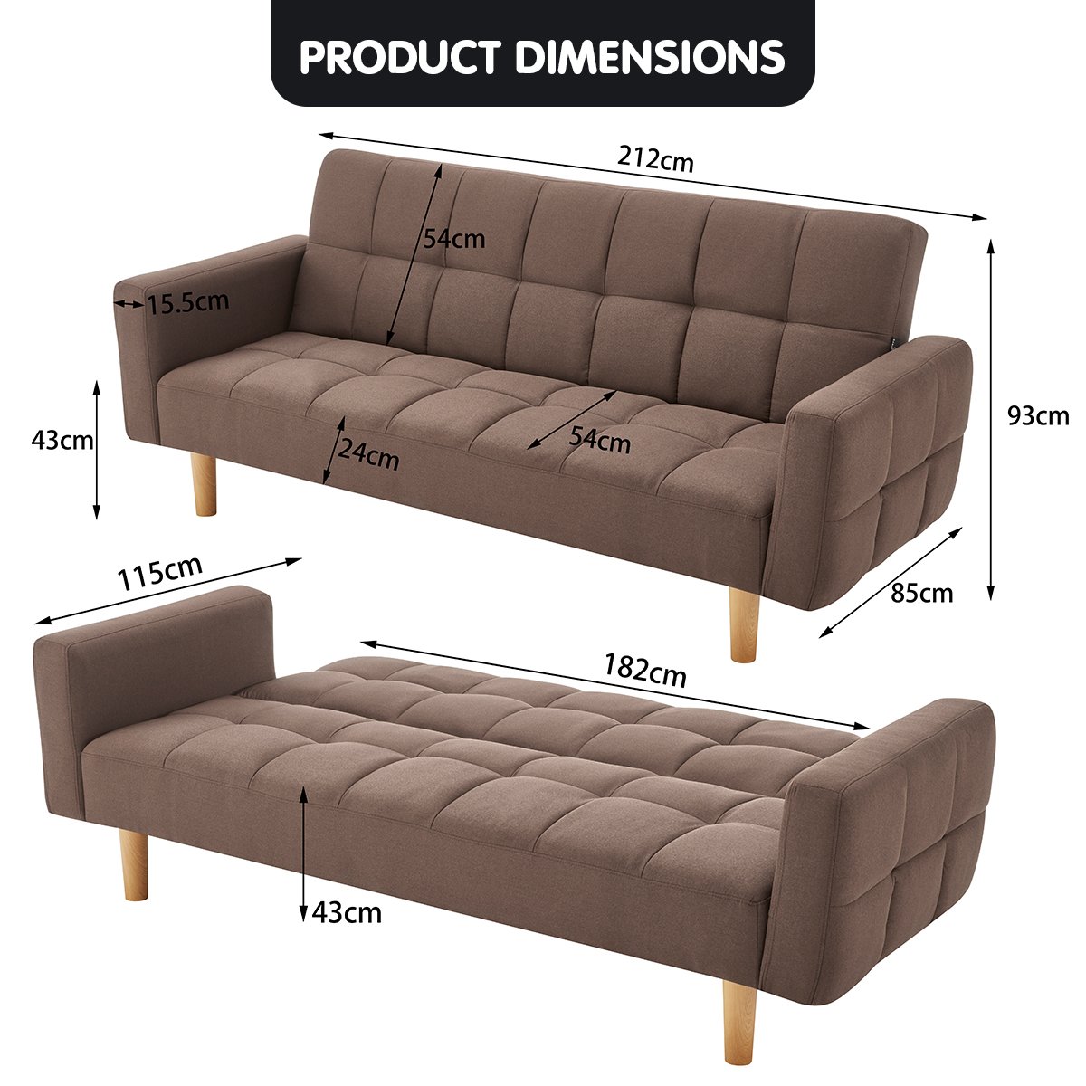 Sarantino 3-Seater Fabric Sofa Bed Futon - Brown 10