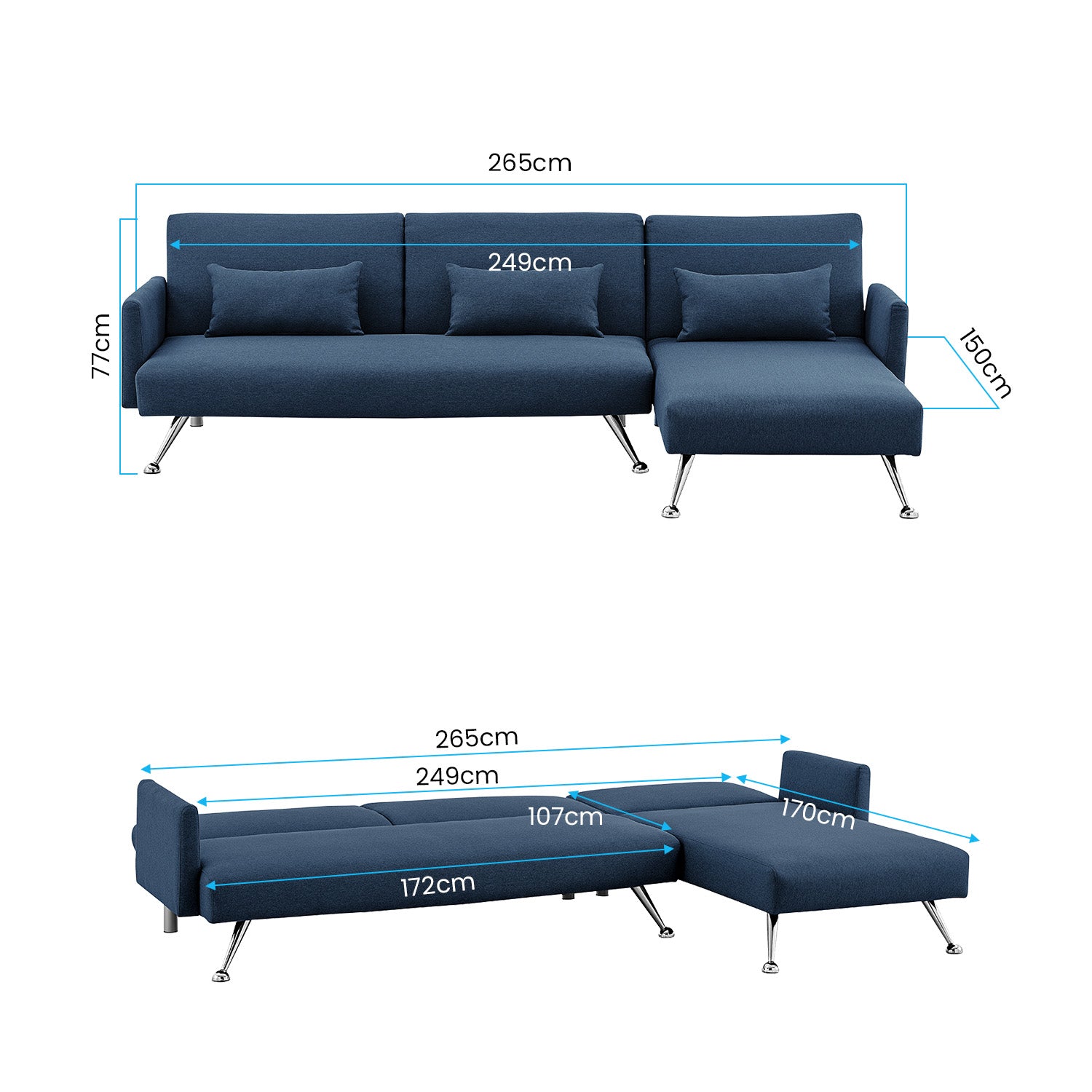 Sarantino Mia 3-Seater Sofa Bed with Chaise & 3 Pillows - Blue 4