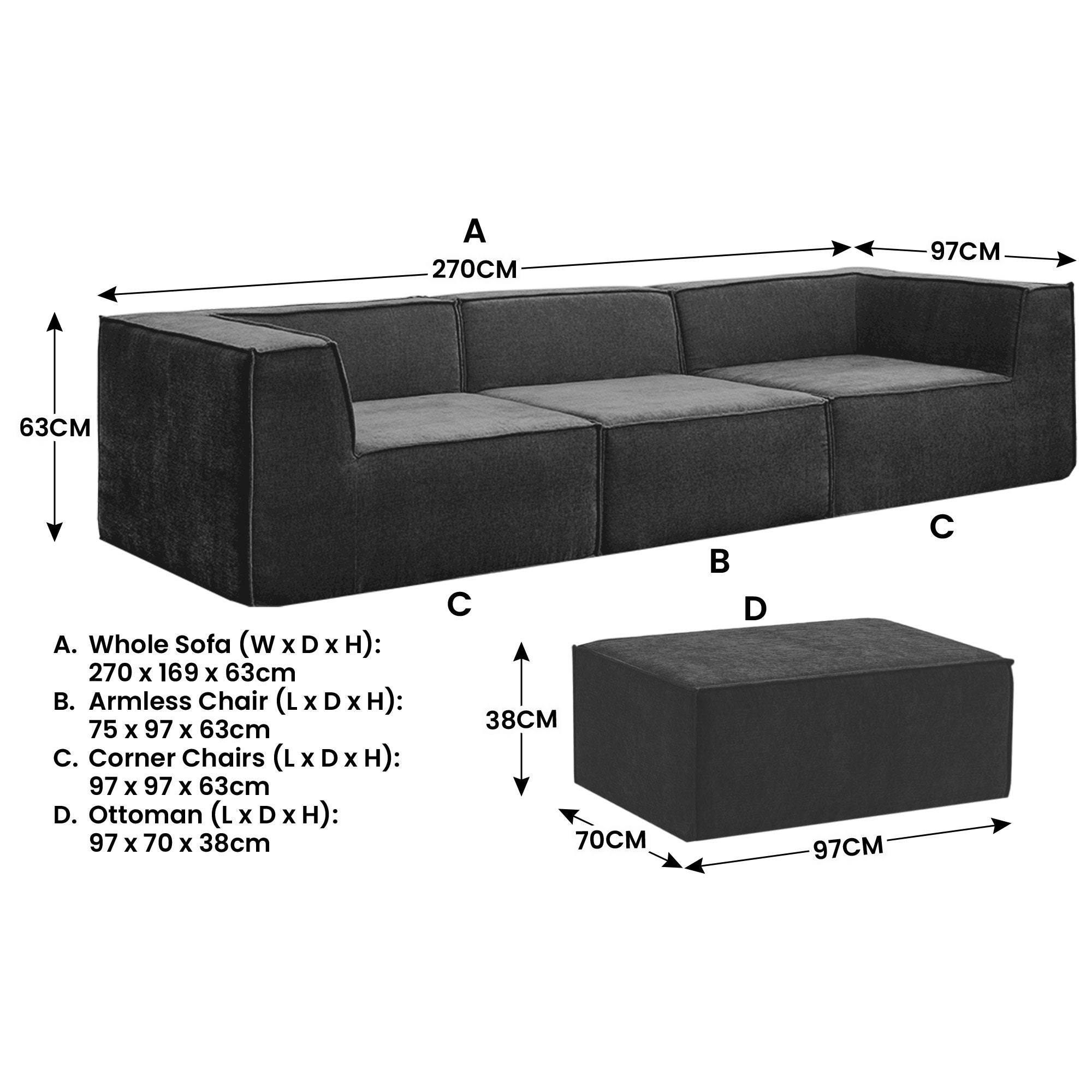 Sarantino Novi 3-Seater Modular Sofa with Ottoman in Black Non-Slip Bottom Lounge 3