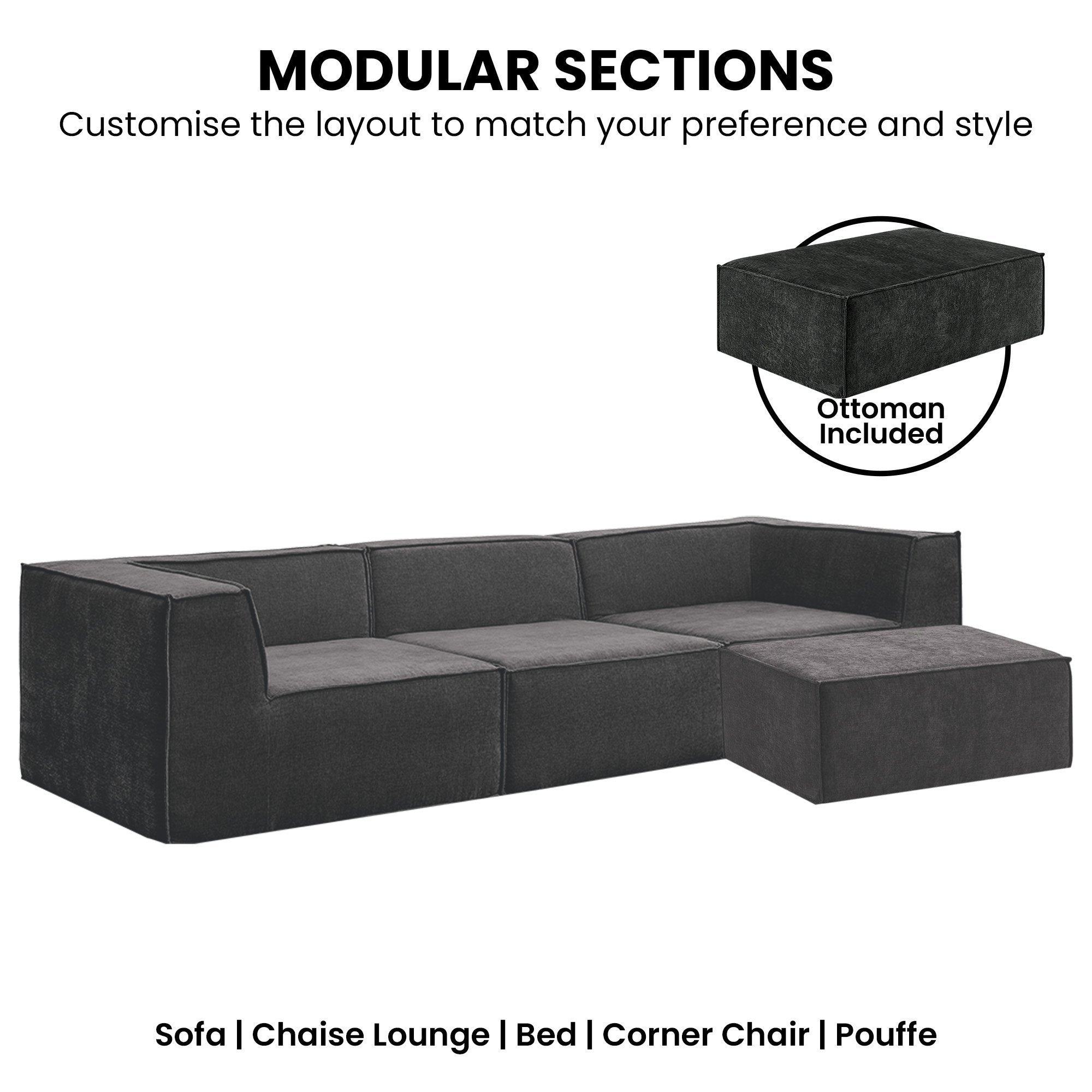 Sarantino Novi 3-Seater Modular Sofa with Ottoman in Black Non-Slip Bottom Lounge 6