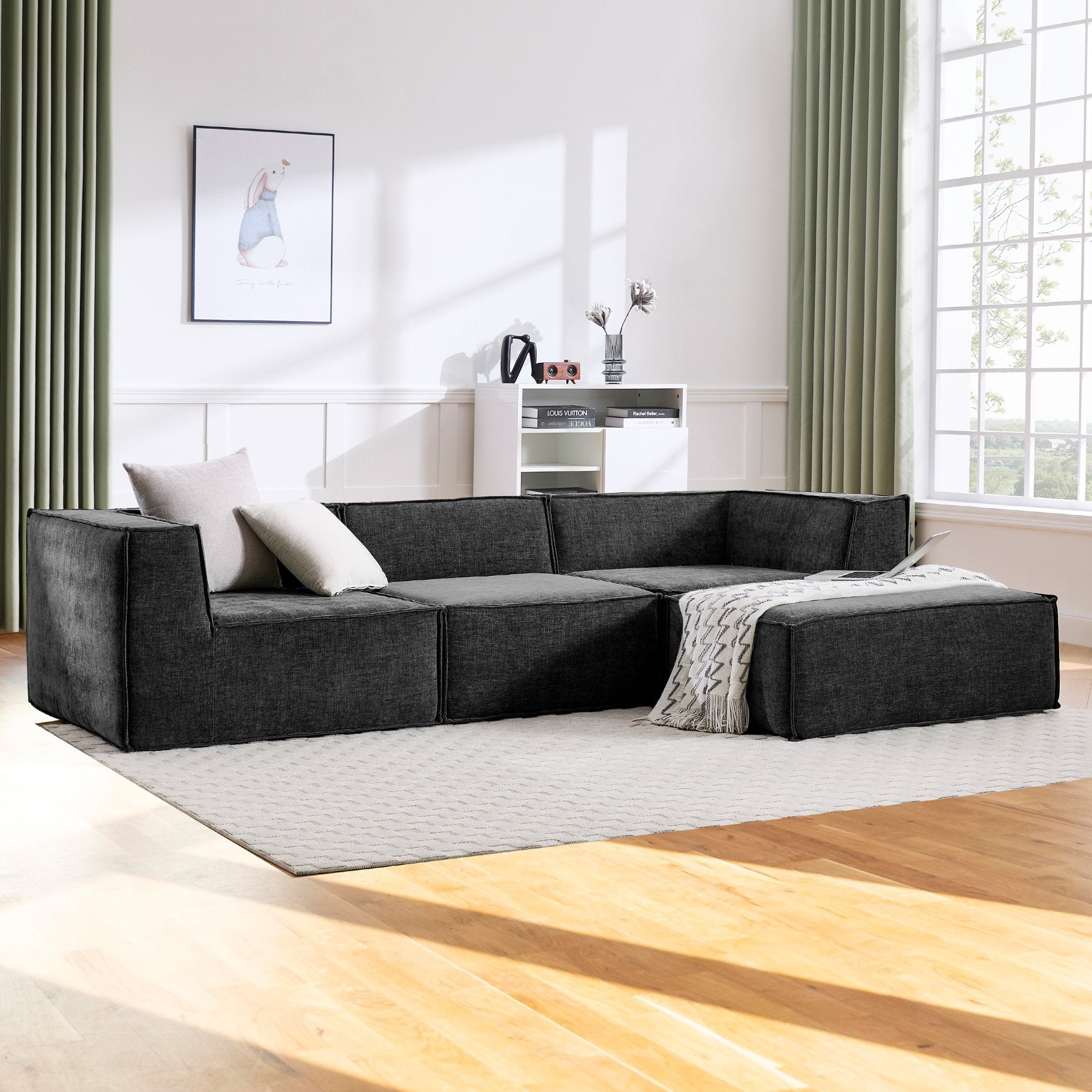 Sarantino Novi 3-Seater Modular Sofa with Ottoman in Black Non-Slip Bottom Lounge 9