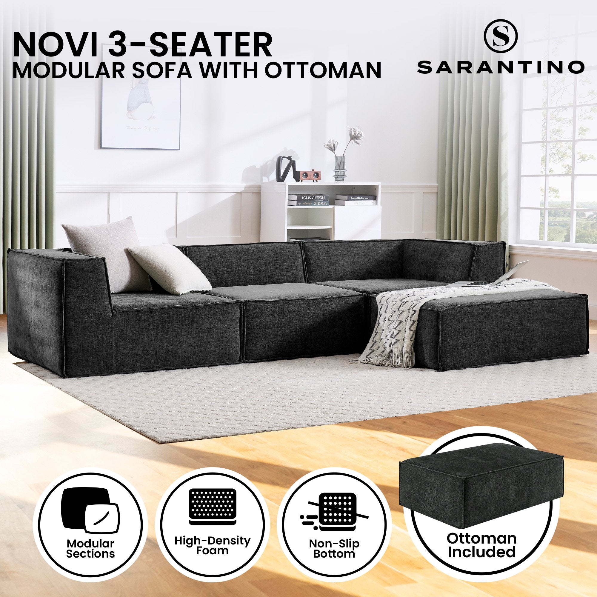 Sarantino Novi 3-Seater Modular Sofa with Ottoman in Black Non-Slip Bottom Lounge 10