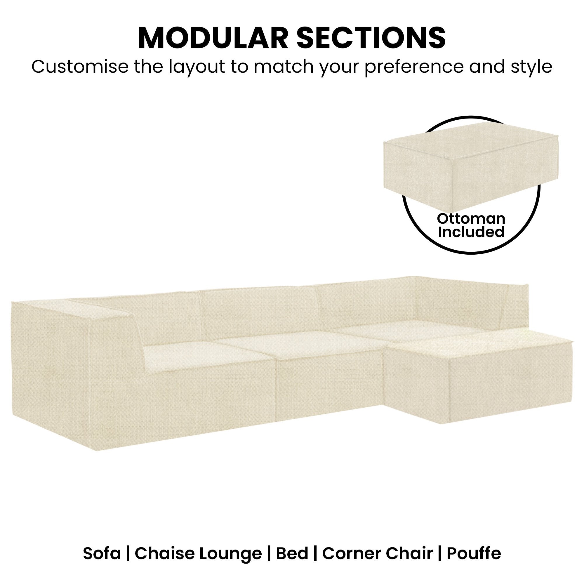 Sarantino Novi 3-Seater Modular Sofa with Ottoman in Cream Non-Slip Bottom Lounge 6