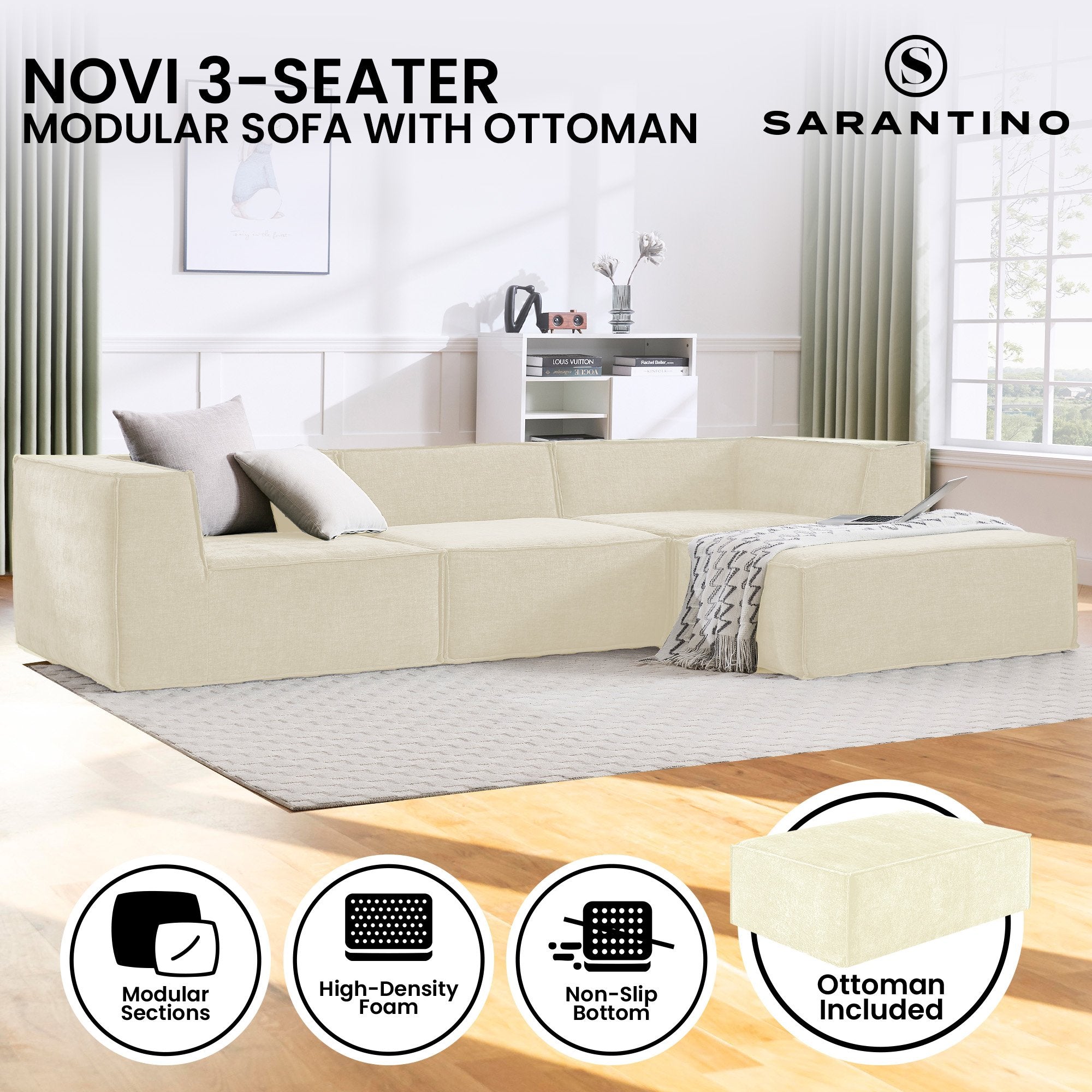 Sarantino Novi 3-Seater Modular Sofa with Ottoman in Cream Non-Slip Bottom Lounge 10