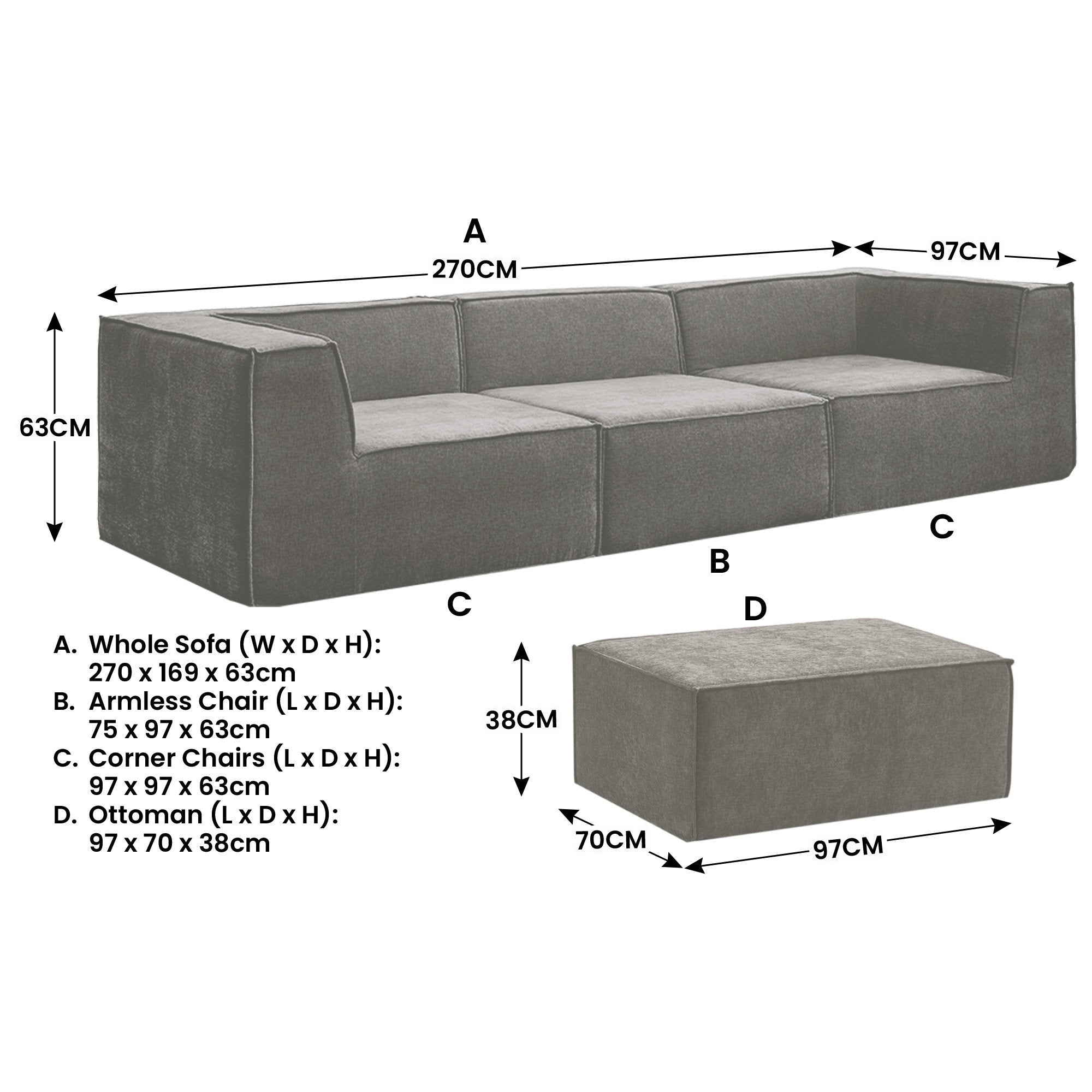 Sarantino Novi 3-Seater Modular Sofa with Ottoman in Grey Non-Slip Bottom Lounge 3