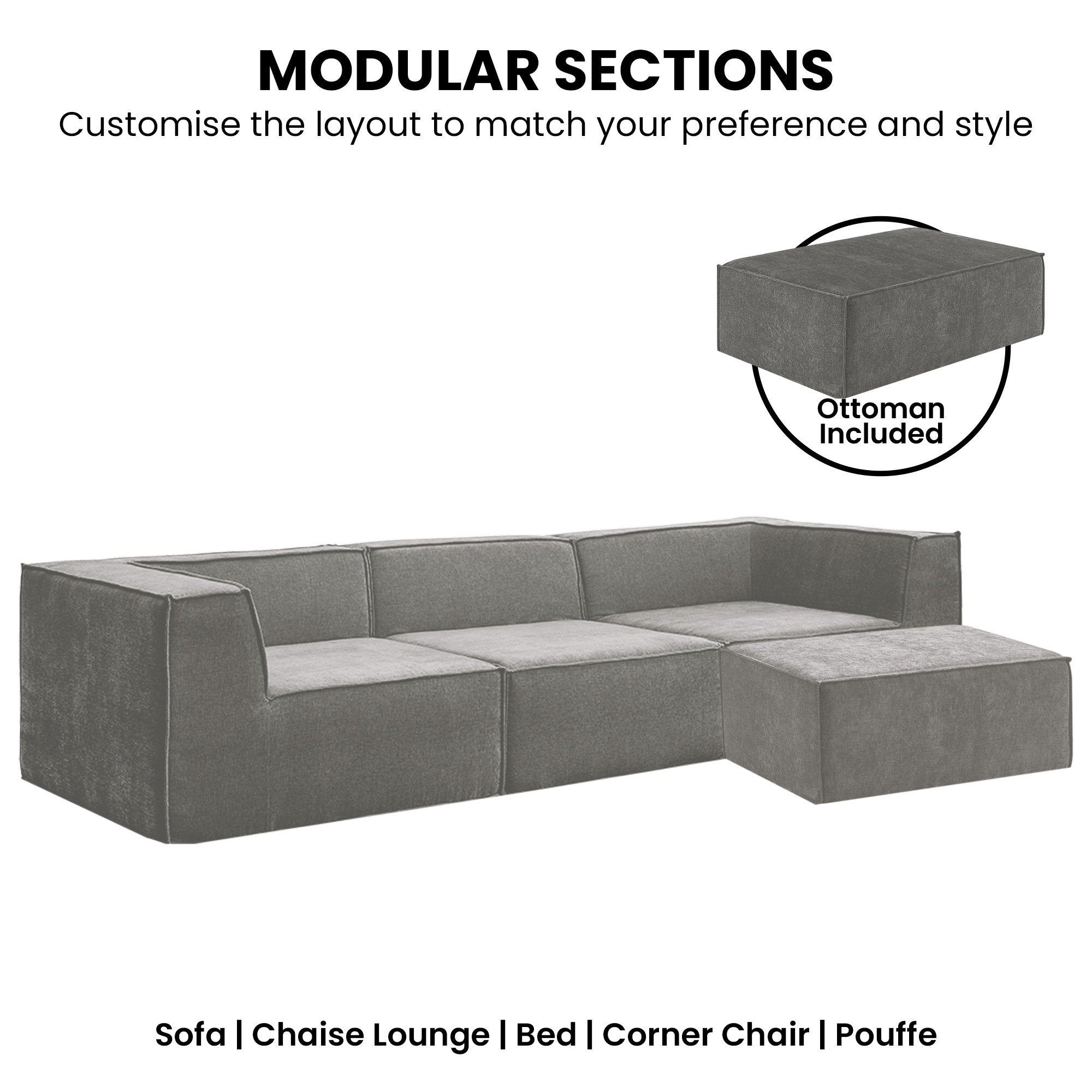 Sarantino Novi 3-Seater Modular Sofa with Ottoman in Grey Non-Slip Bottom Lounge 6