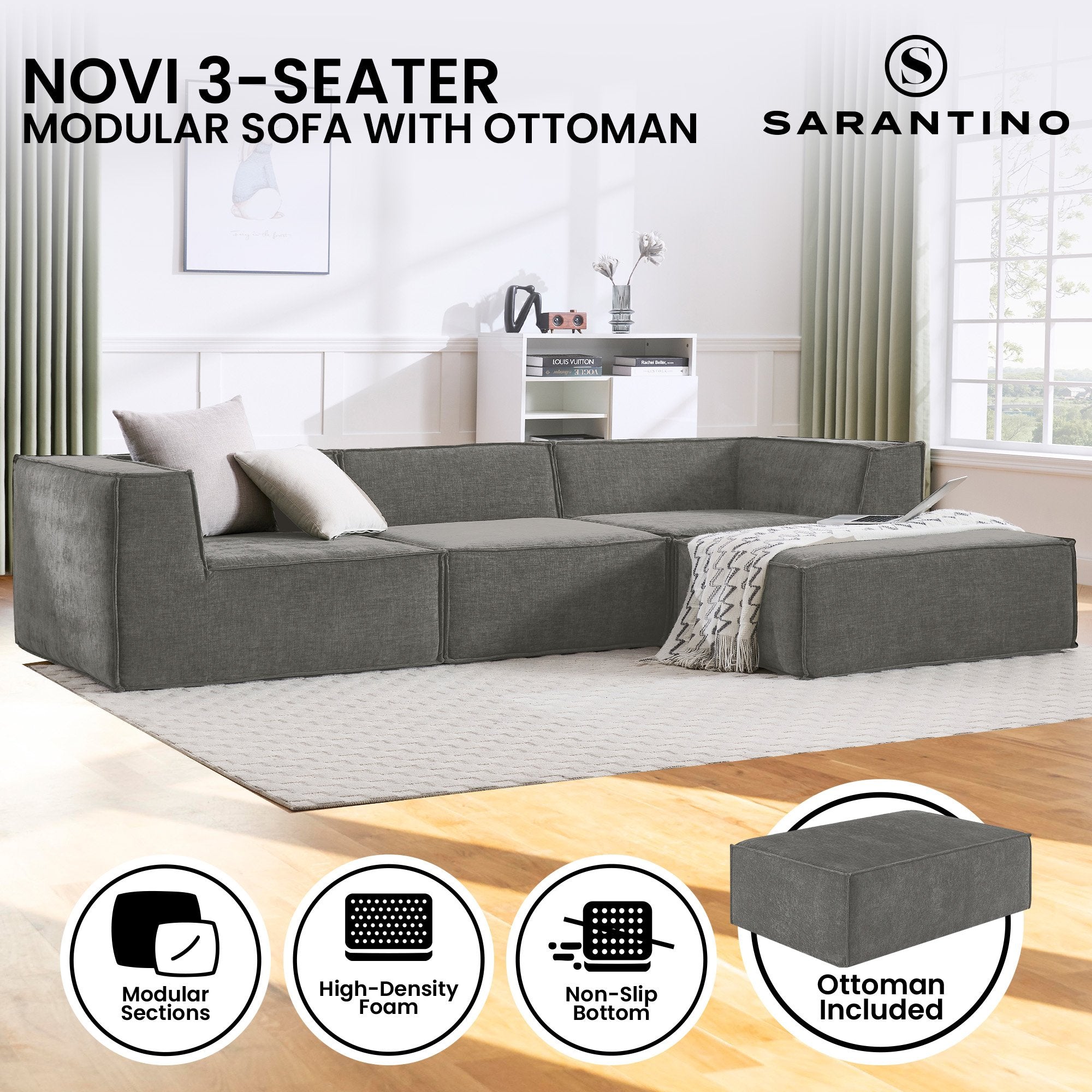 Sarantino Novi 3-Seater Modular Sofa with Ottoman in Grey Non-Slip Bottom Lounge 10
