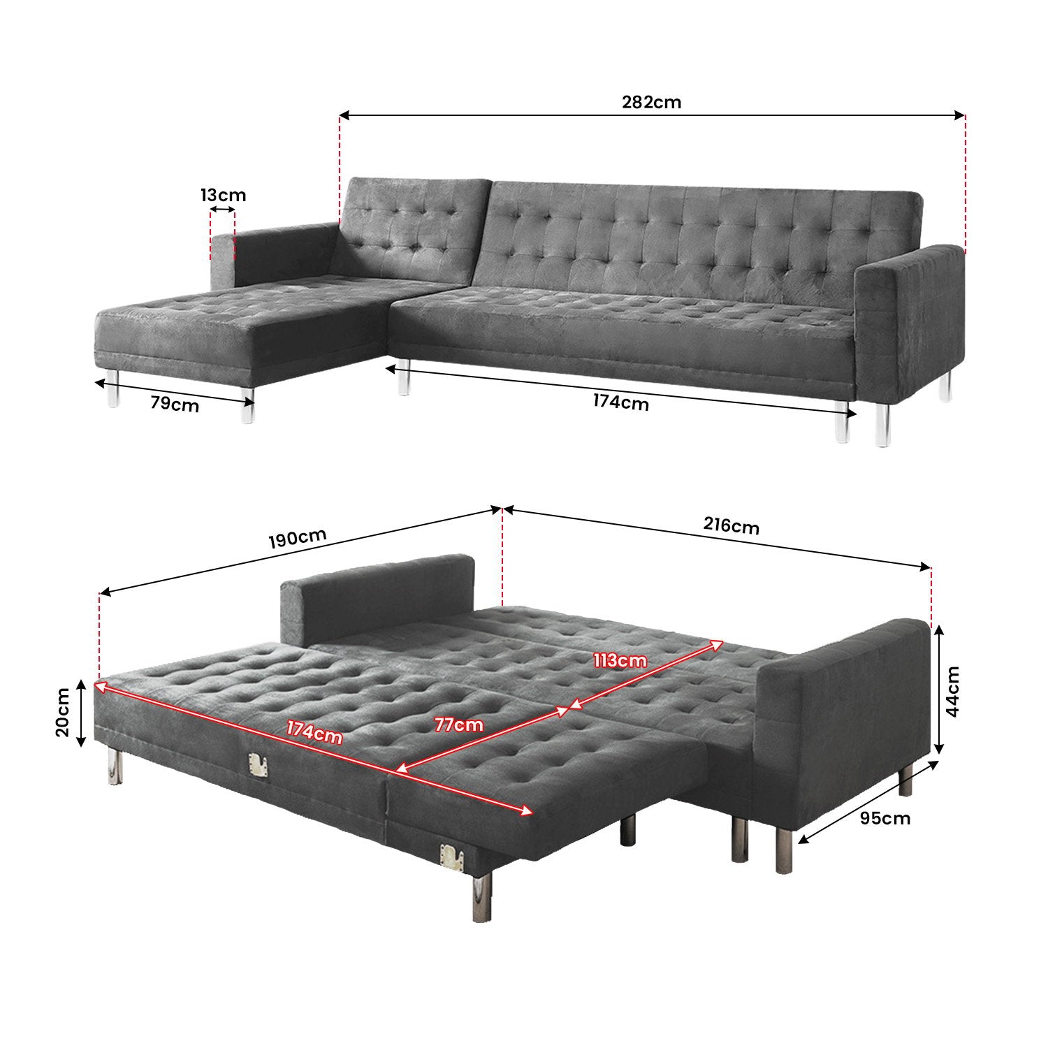 Sarantino Faux Velvet Corner Wooden Sofa Bed Couch with Chaise - Grey 3