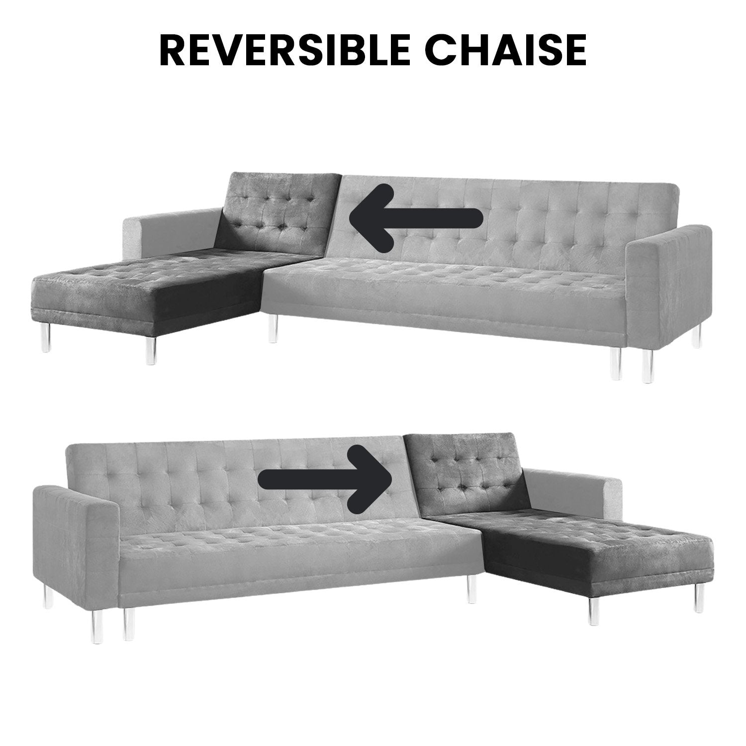 Sarantino Faux Velvet Corner Wooden Sofa Bed Couch with Chaise - Grey 4