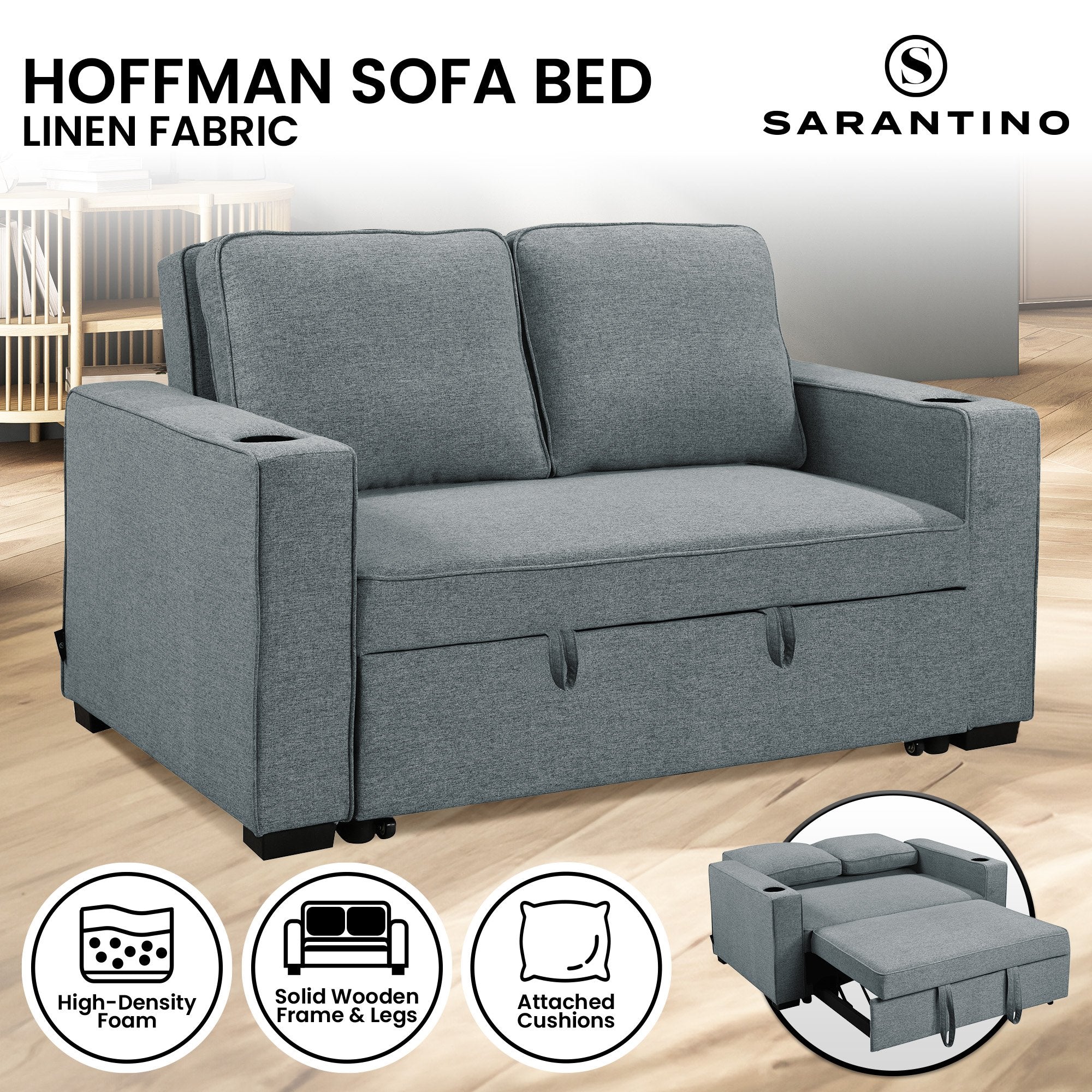 Sarantino Hoffman Linen Sofa Bed With Cushions & Cup Holders Dark Grey 11