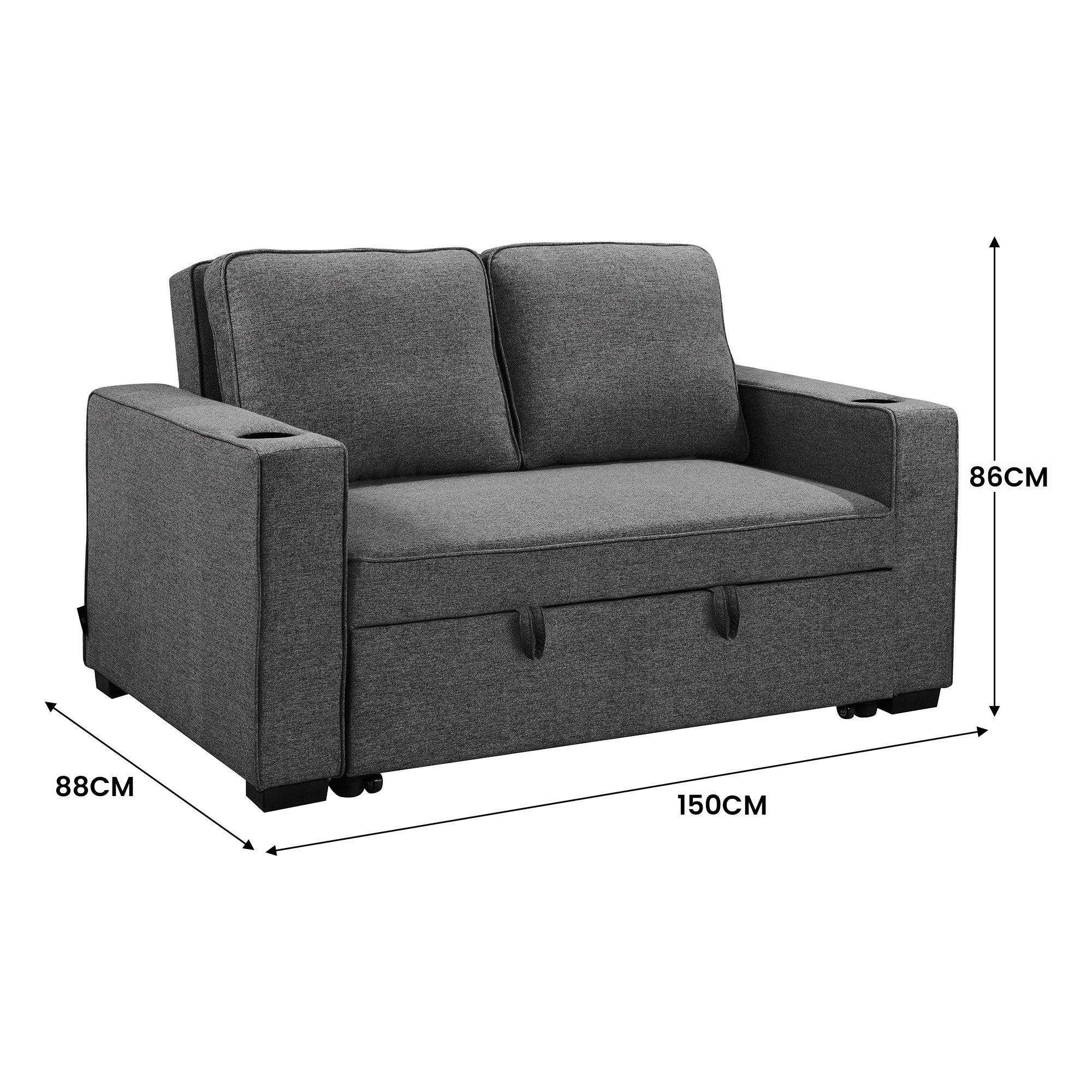 Sarantino Hoffman Linen Dark Grey Convertible Sofa Bed Couch Lounge With Cushions Cupholders Scandinavian-style Wooden Frame And Legs 4