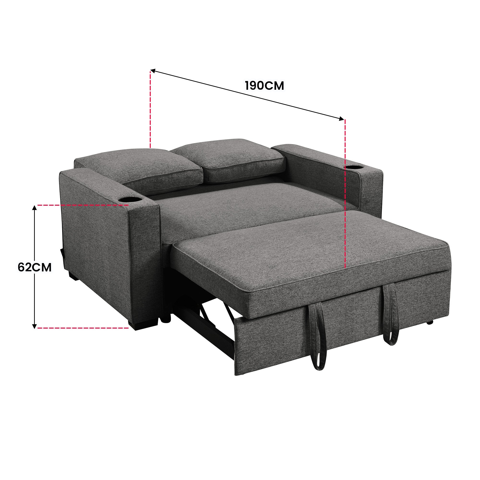 Sarantino Hoffman Linen Dark Grey Convertible Sofa Bed Couch Lounge With Cushions Cupholders Scandinavian-style Wooden Frame And Legs 5