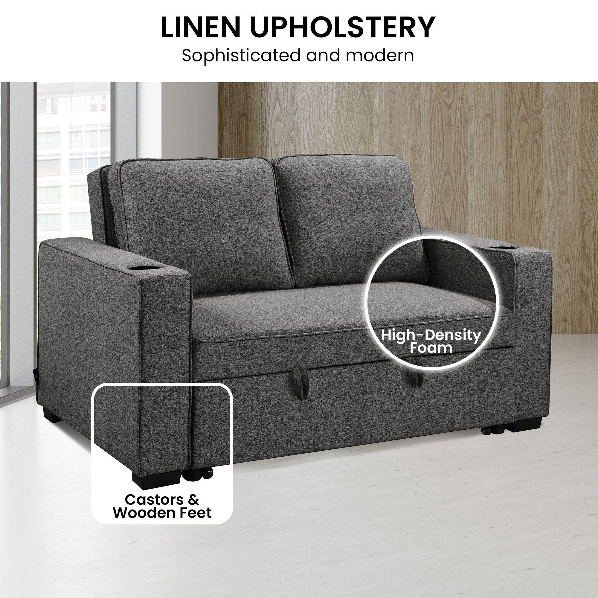 Sarantino Hoffman Linen Dark Grey Convertible Sofa Bed Couch Lounge With Cushions Cupholders Scandinavian-style Wooden Frame And Legs 8