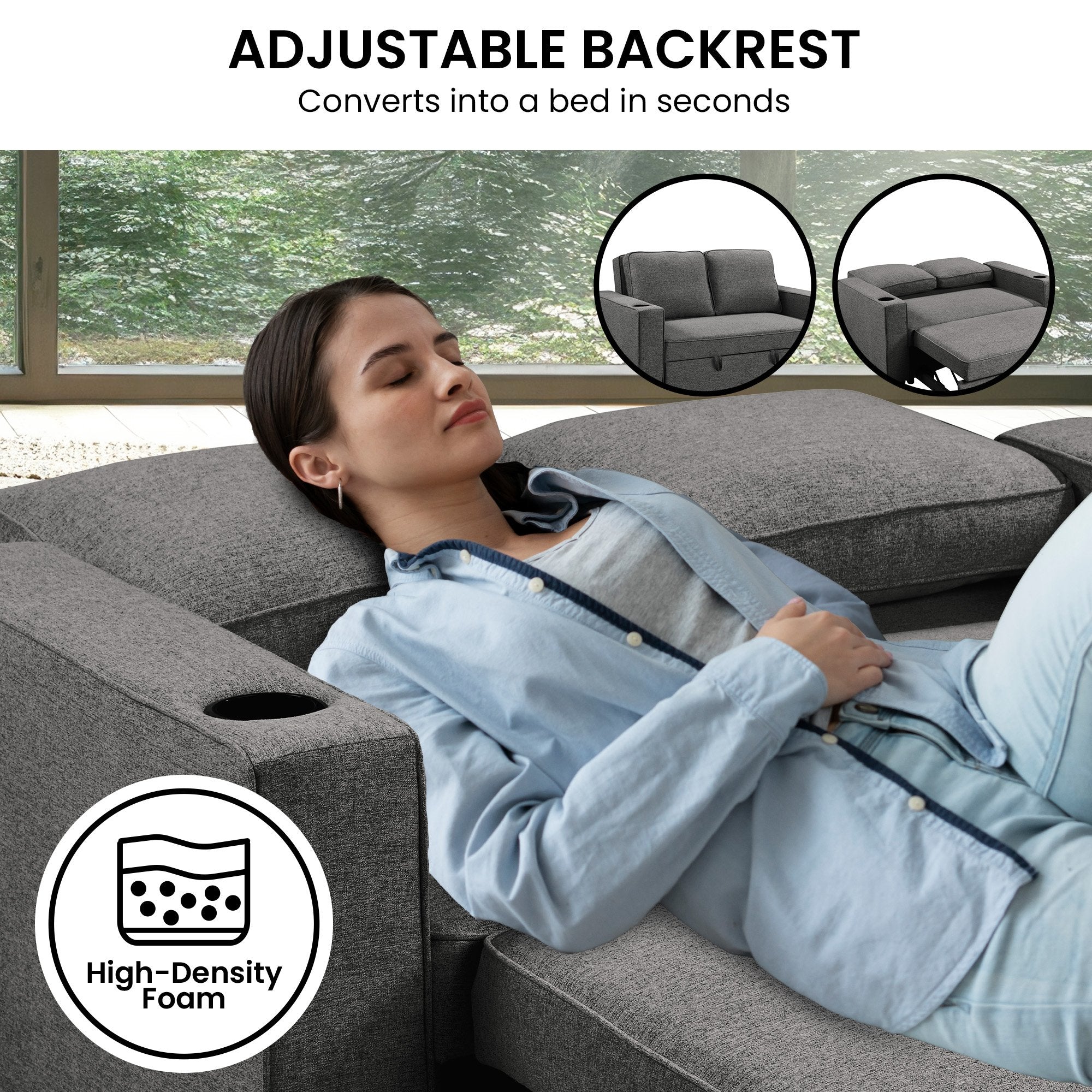 Sarantino Hoffman Linen Dark Grey Convertible Sofa Bed Couch Lounge With Cushions Cupholders Scandinavian-style Wooden Frame And Legs 9