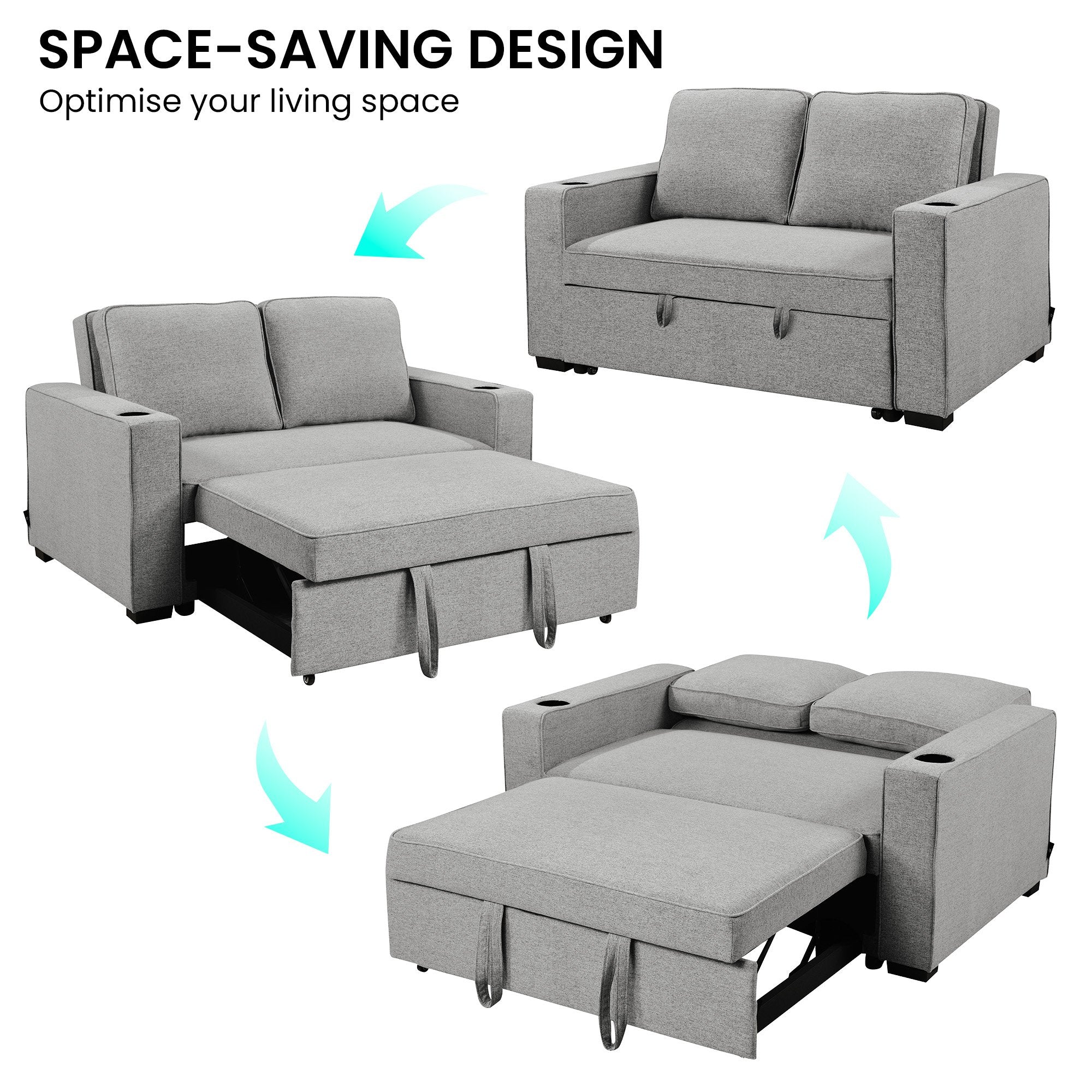 Sarantino Hoffman Linen Sofa Bed Chair With Cushions &cup Holders Light Grey 6