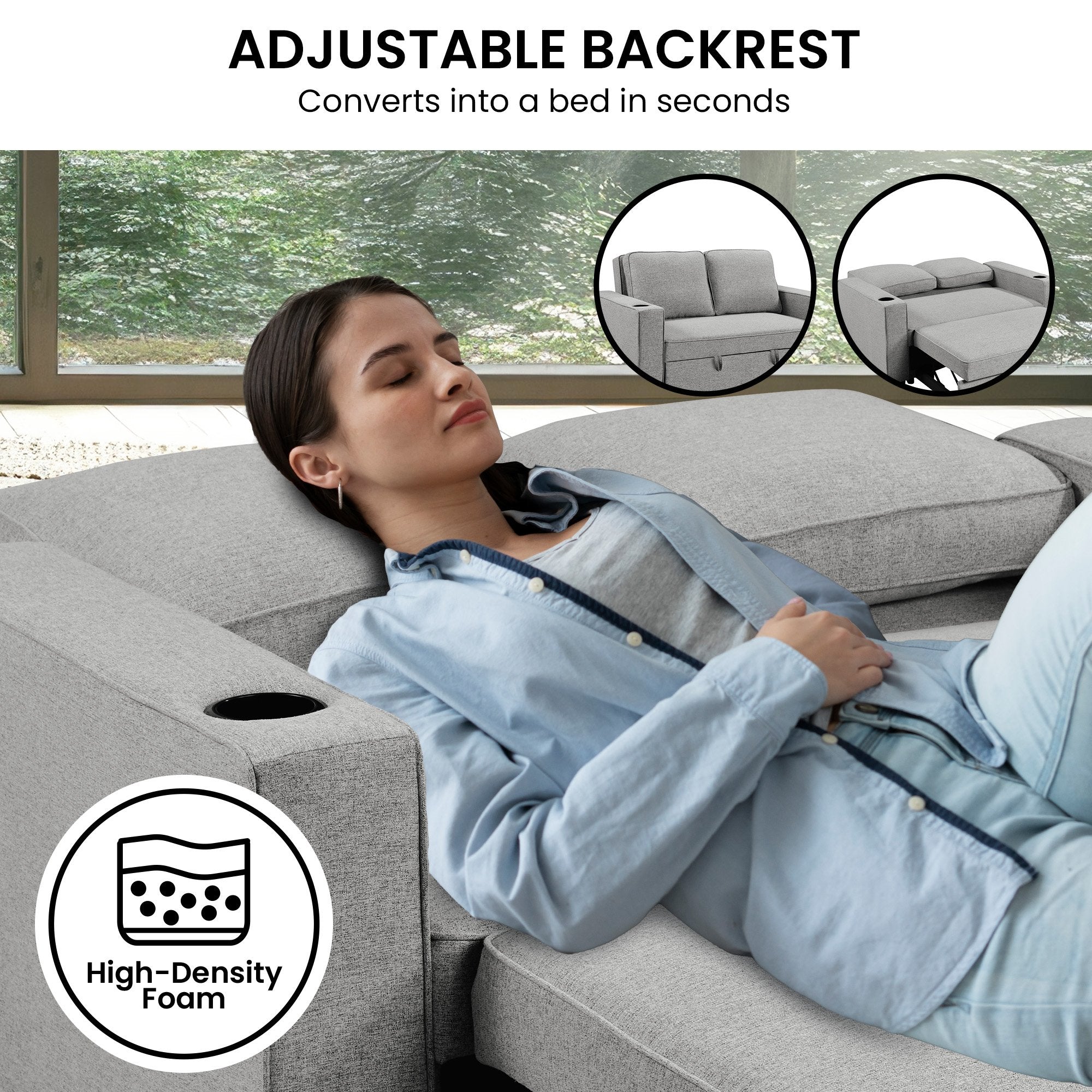 Sarantino Hoffman Linen Sofa Bed Chair With Cushions &cup Holders Light Grey 8