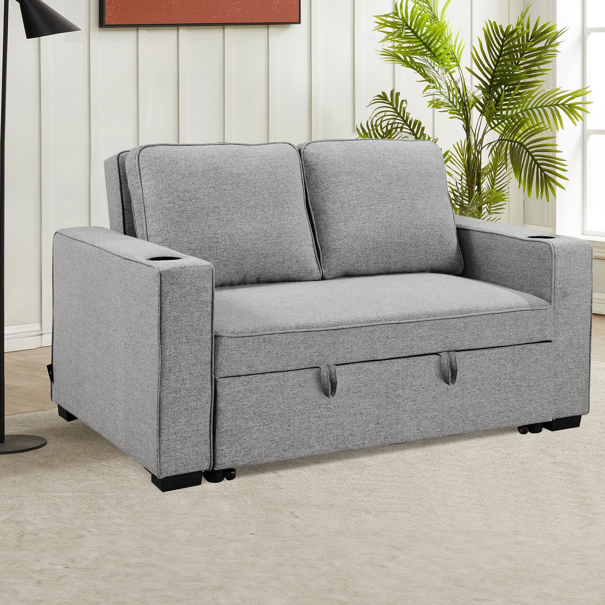 Sarantino Hoffman Linen Sofa Bed Chair With Cushions &cup Holders Light Grey 10
