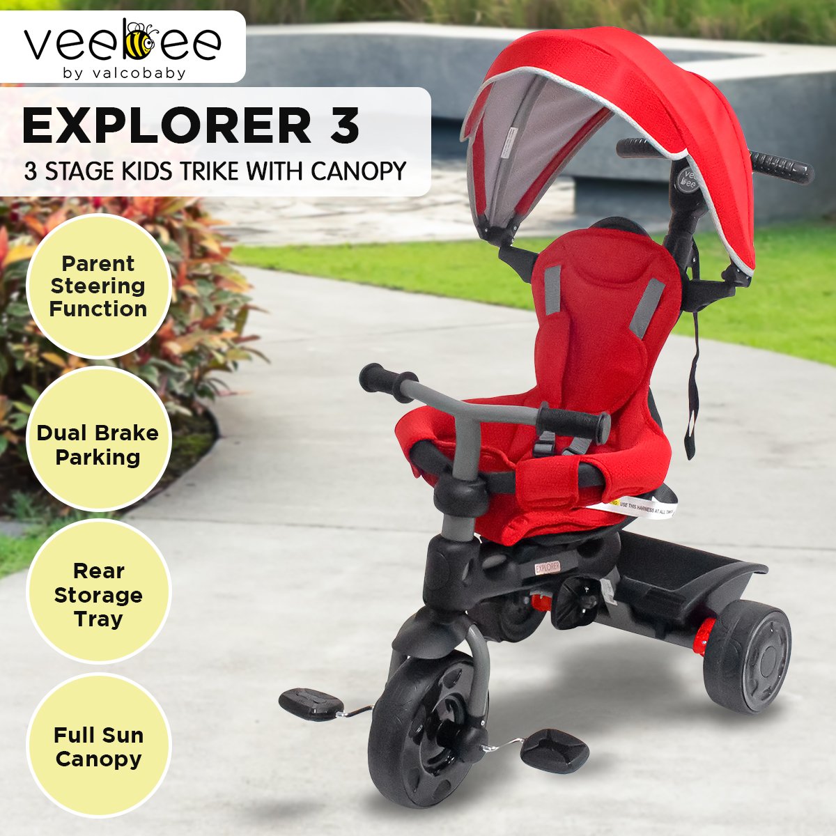 Veebee Explorer 3-stage Kids Trike With Canopy - Red 7