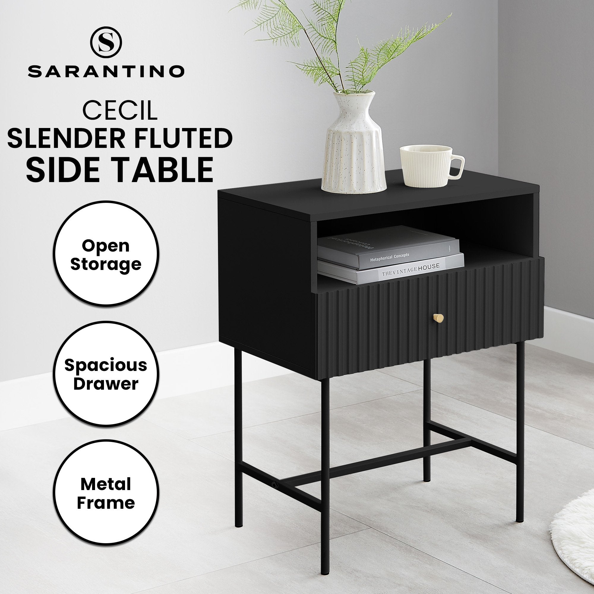 Sarantino Cecil Slender Fluted Bedside Table in Black 3
