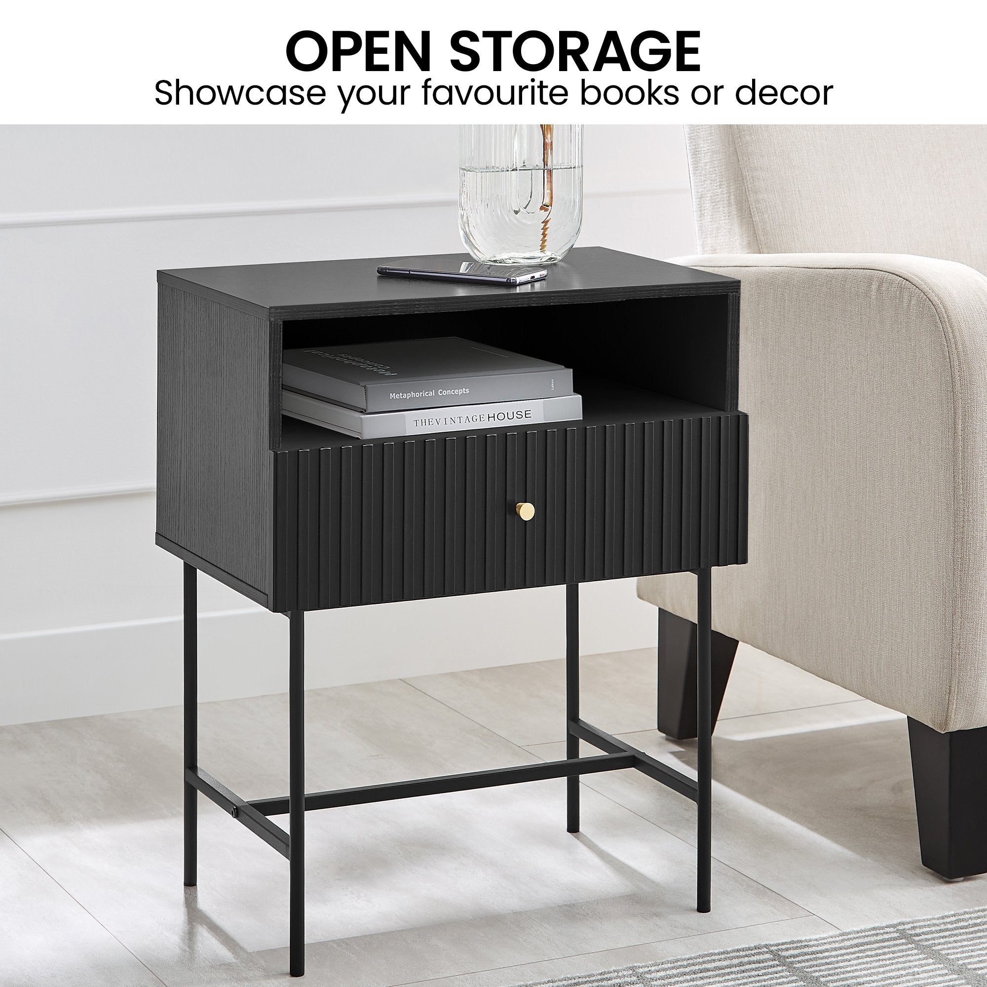 Sarantino Cecil Slender Fluted Bedside Table in Black 6