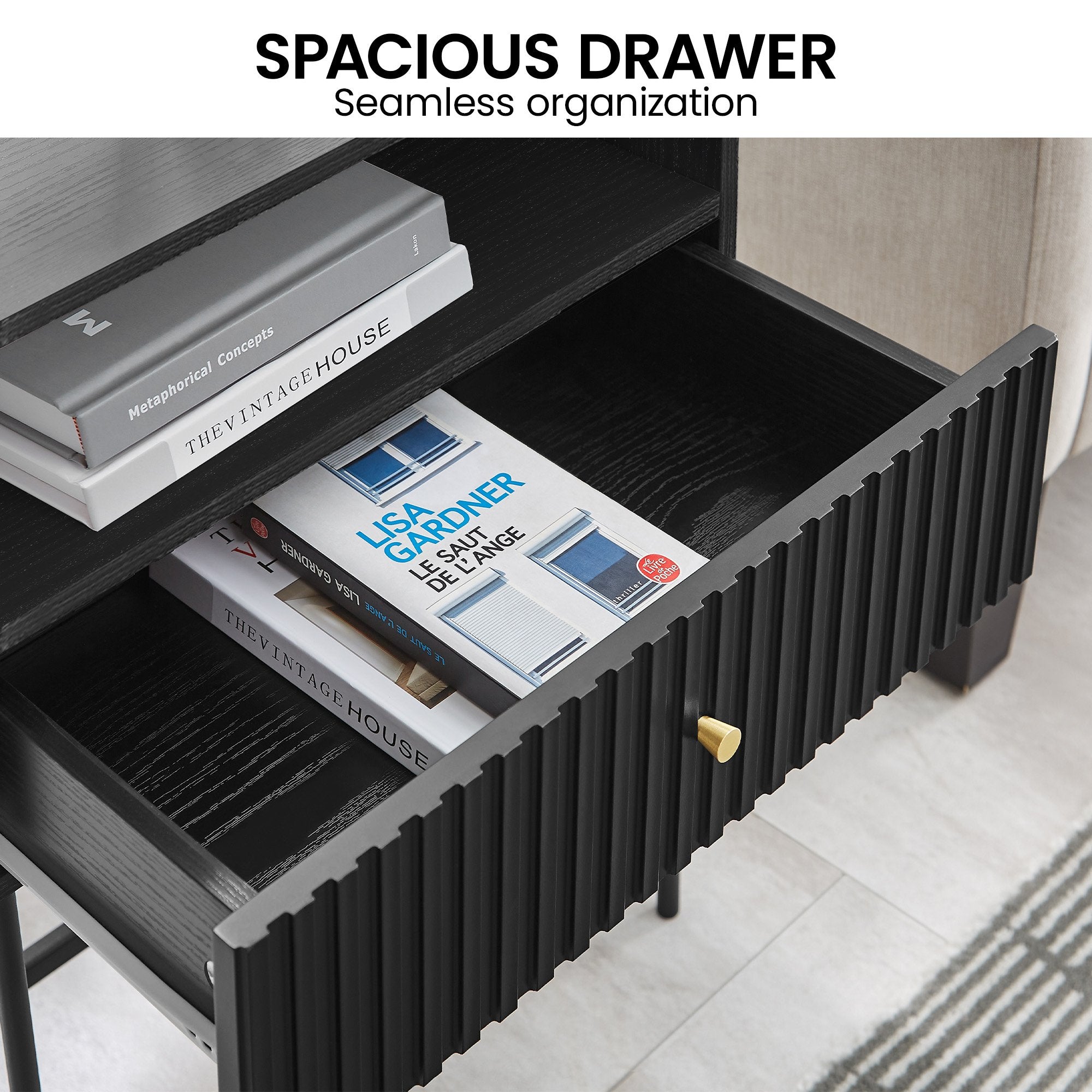 Sarantino Cecil Slender Fluted Bedside Table in Black 7