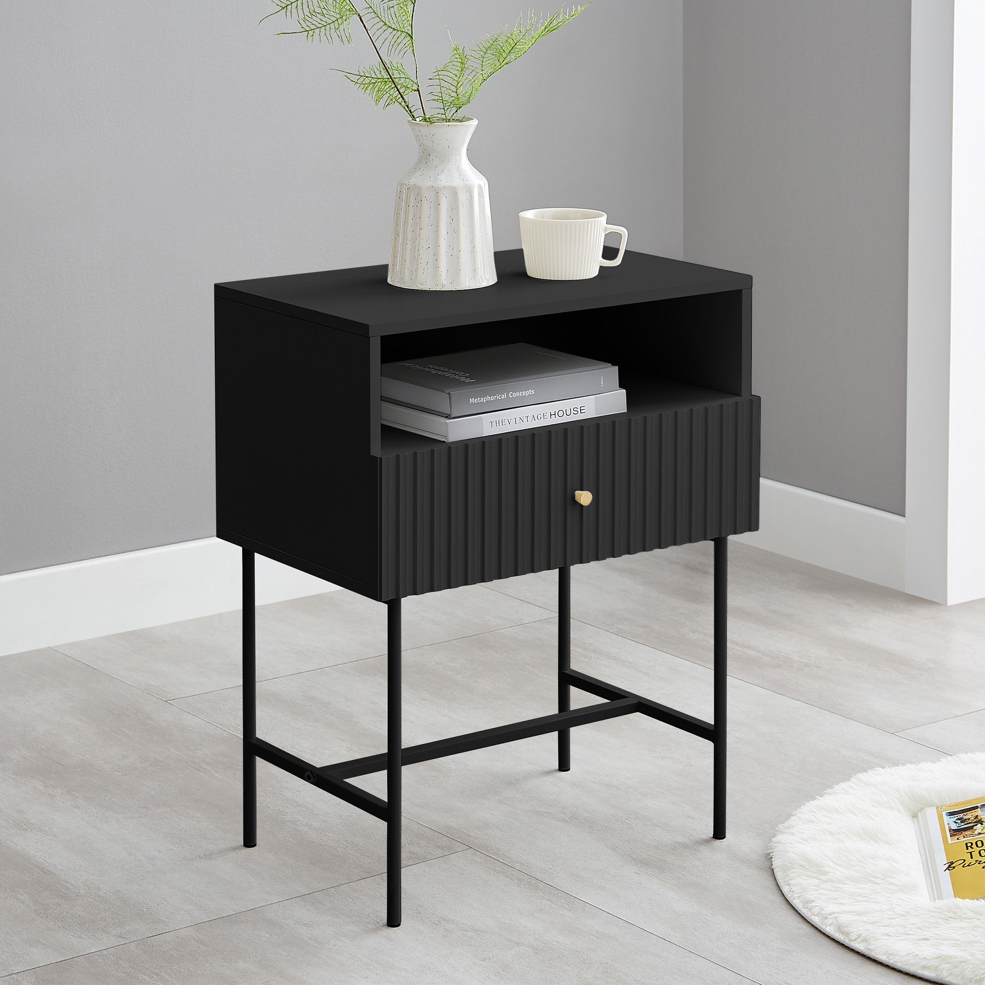 Sarantino Cecil Slender Fluted Bedside Table in Black 9