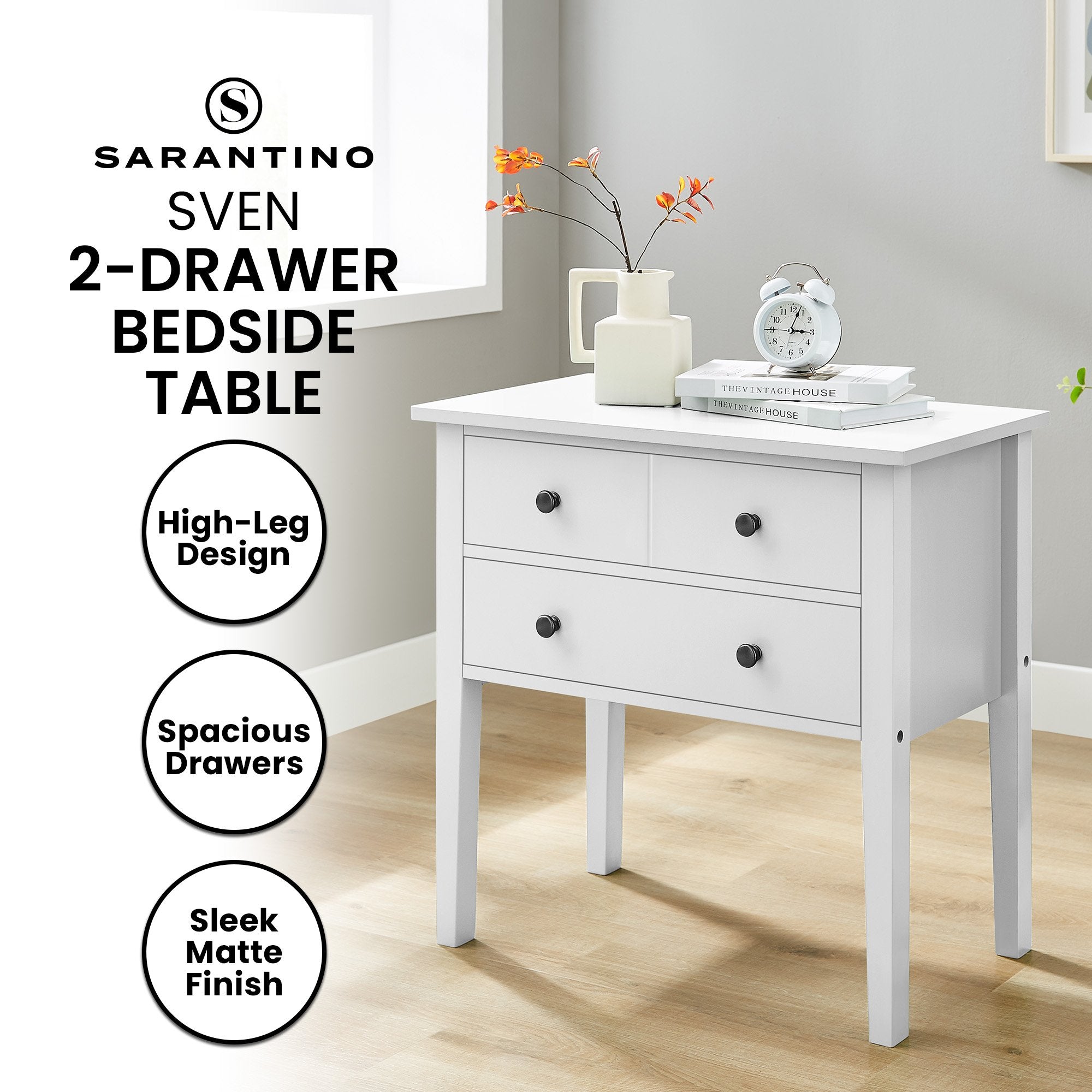 Sarantino Sven Bedside Table Night Stand - White 9