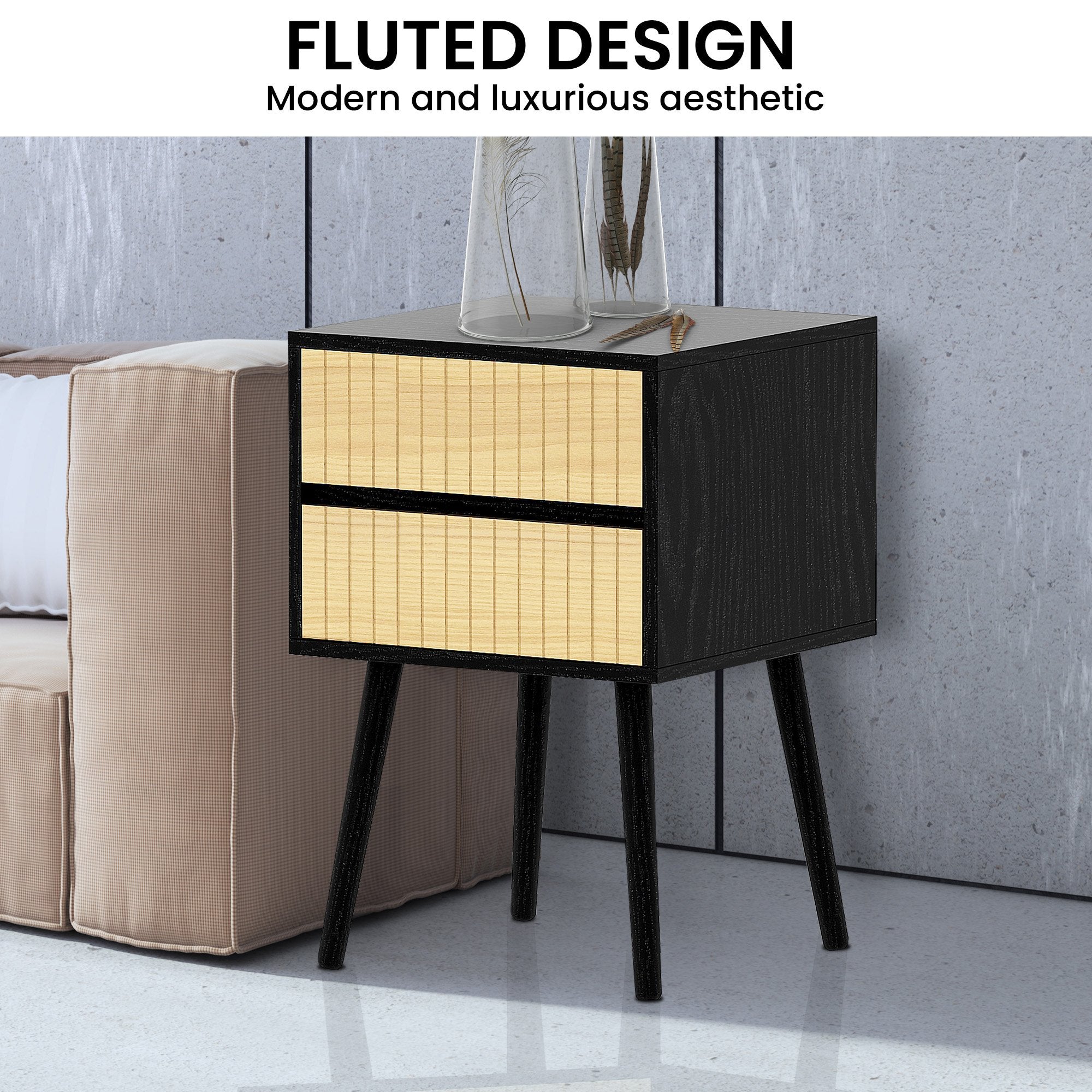 Sarantino Ivan Bedside Table Night Stand - Black/natural 5