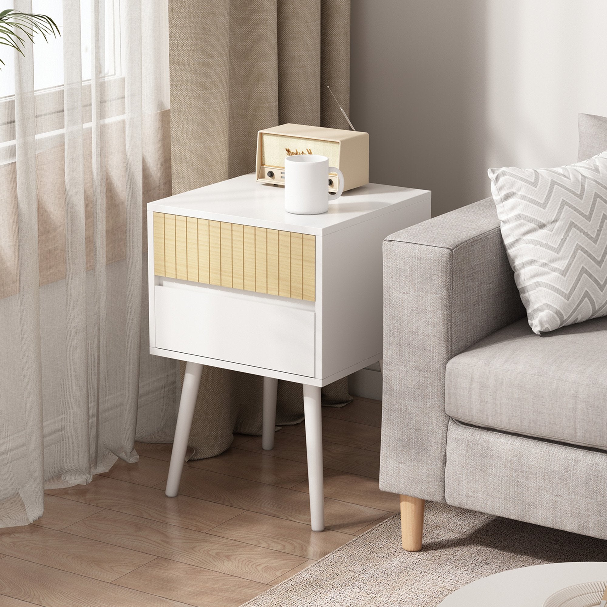 Sarantino Clio Bedside Table Night Stand - White/natural 8