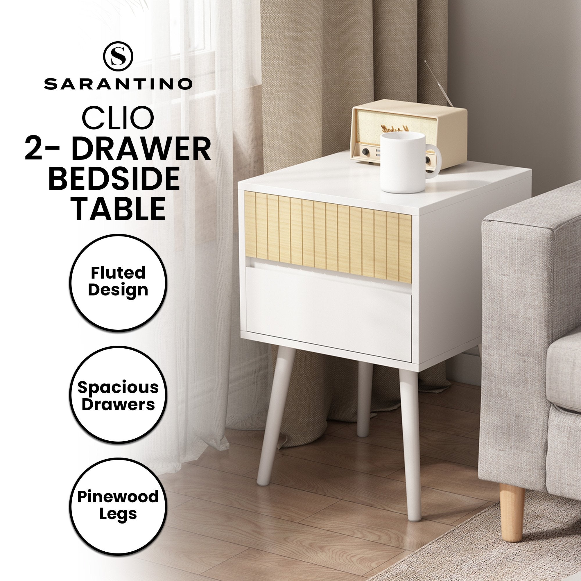 Sarantino Clio Bedside Table Night Stand - White/natural 9