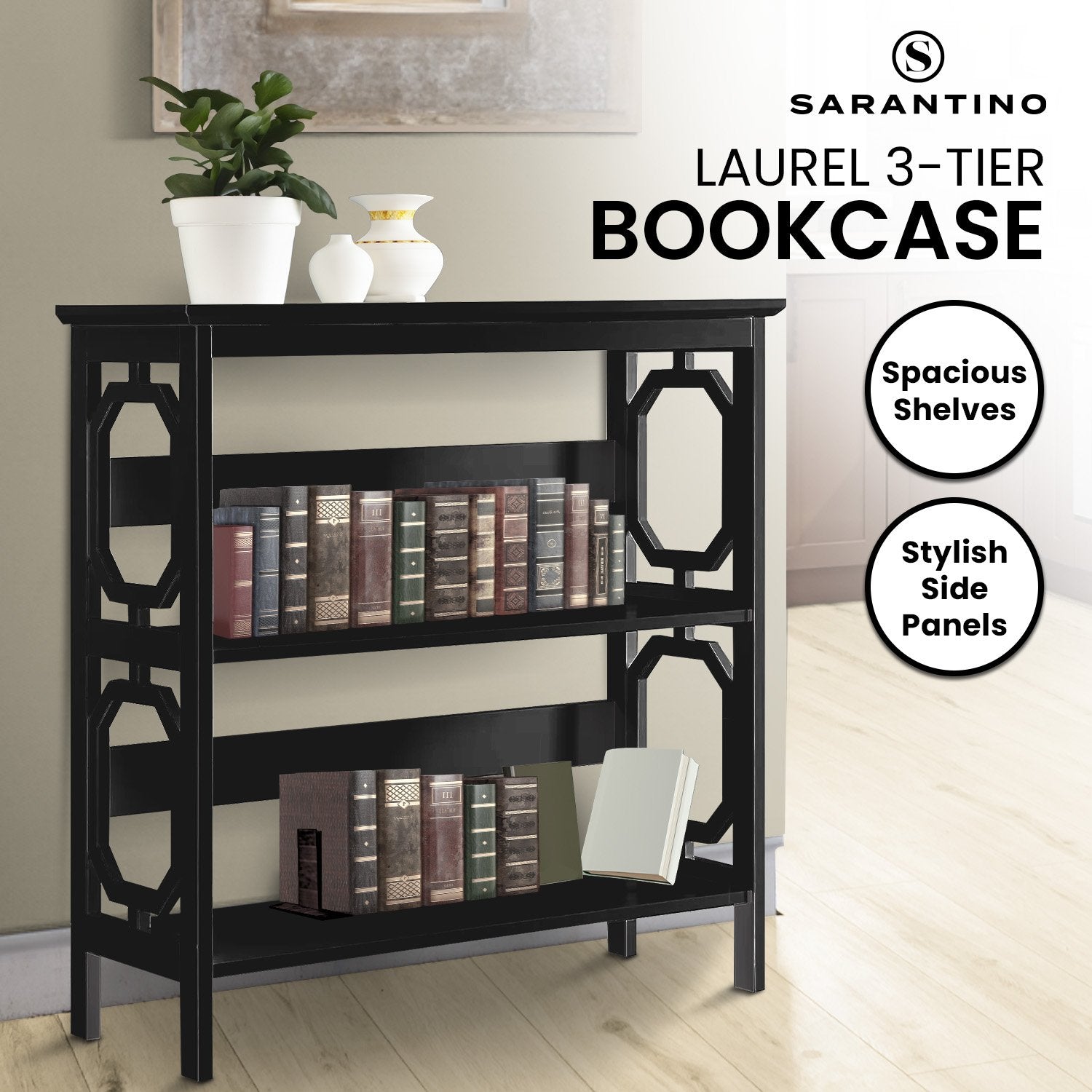 Sarantino Laurel 3-Tier Bookshelf Display Rack in Black 11