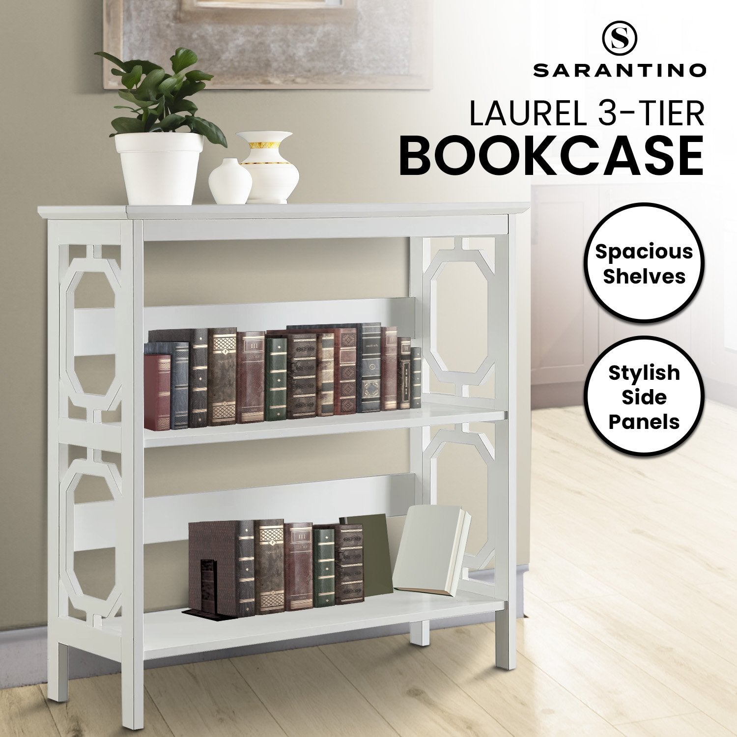 Sarantino Laurel 3-Tier Bookshelf Display Rack in White 11