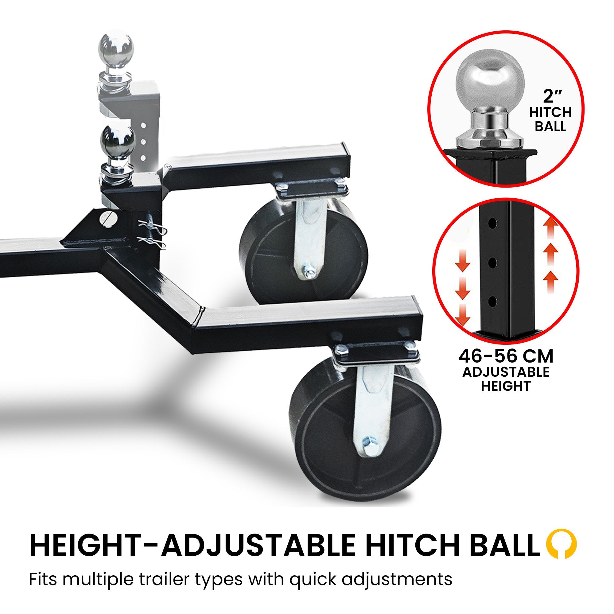 Kartrite Trailer Dolly Adjustable 2in Hitch Ball 1500kg Tongue Weight Capacity w/8in Swivel Wheels Steel Trailer Mover 6
