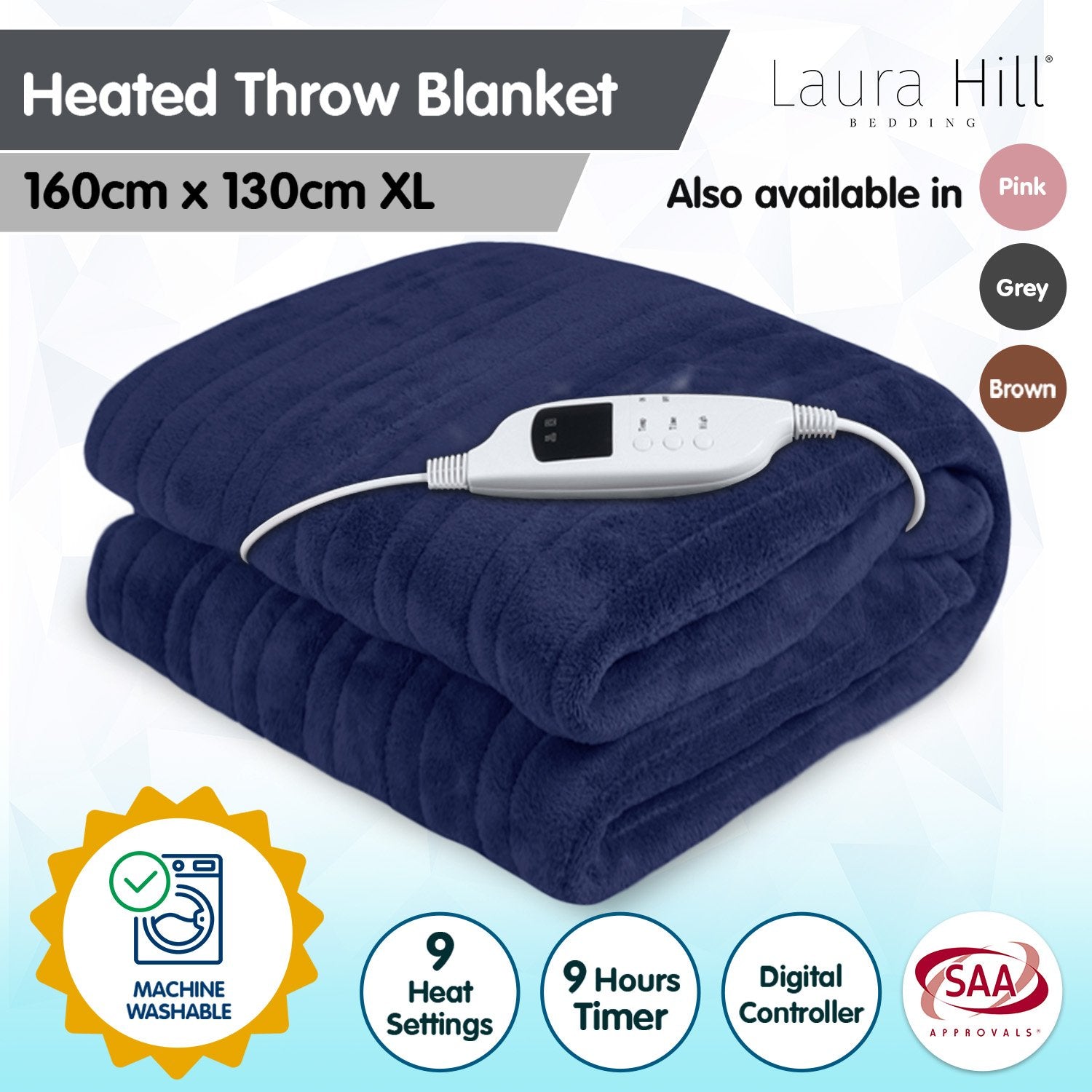 Laura Hill Heated Electric Blanket Coral Warm Fleece Winter Blue 8