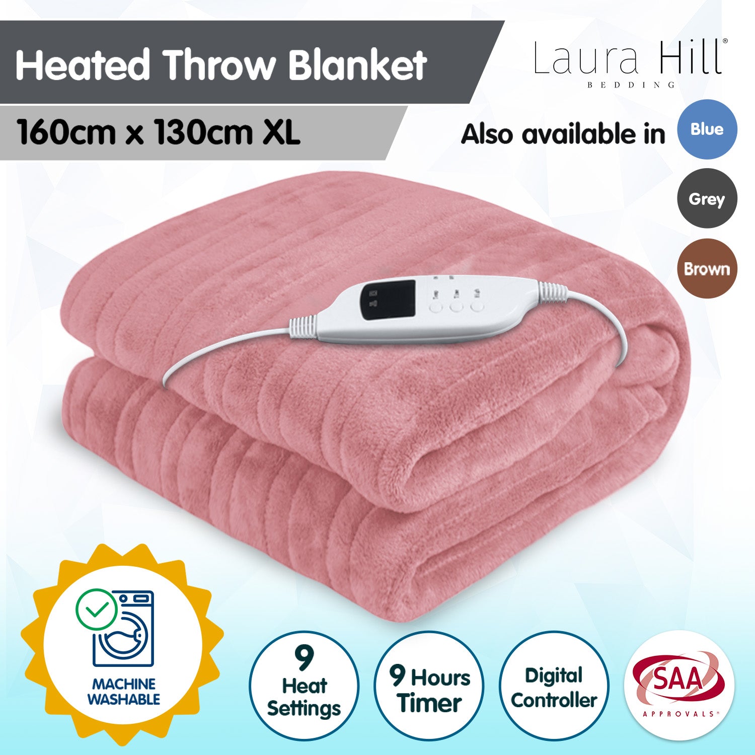 Laura Hill Heated Electric Blanket Throw Rug Coral Warm Fleece Pink 8