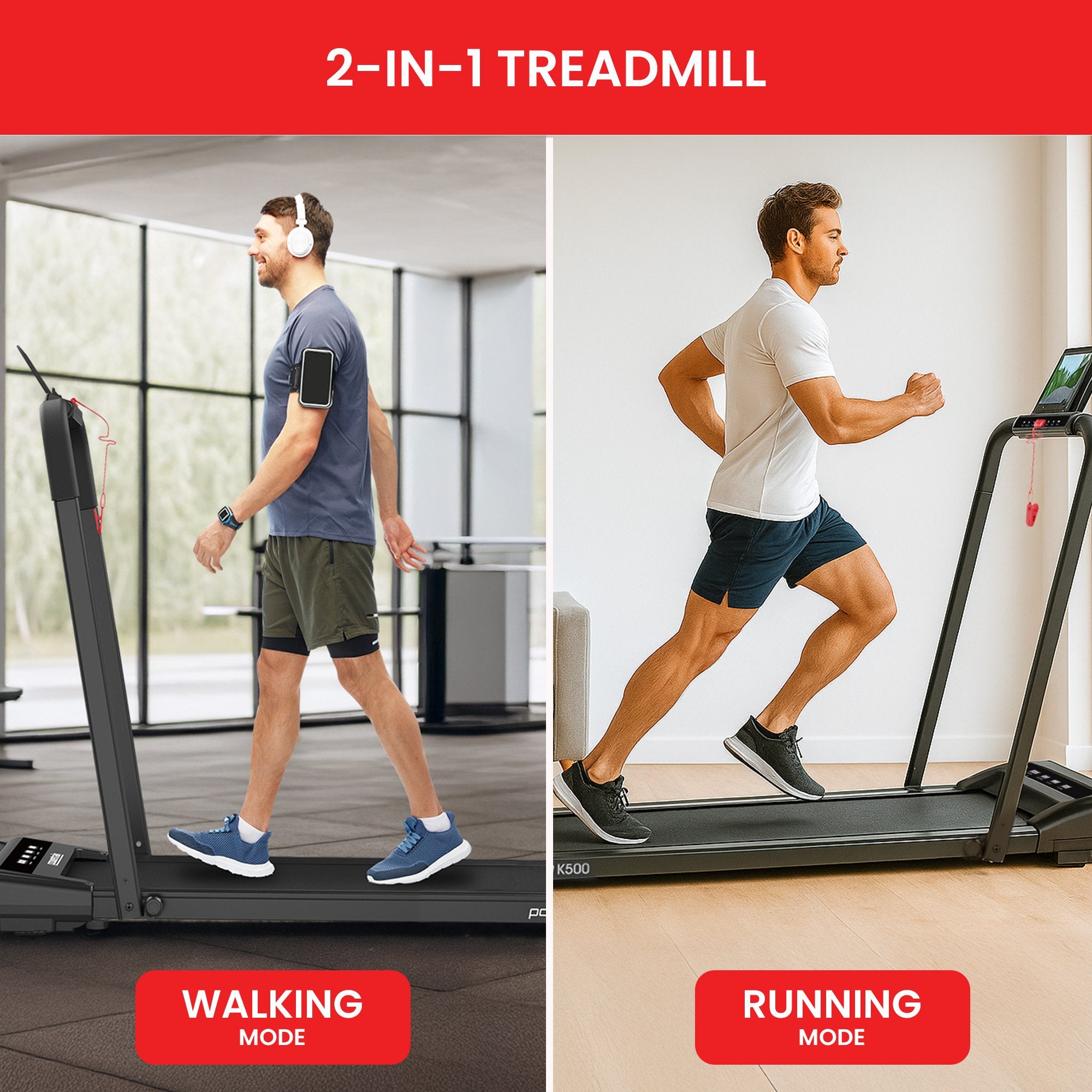 Powertrain K500 Walking Pad Treadmill 2 in 1 Foldable Walking & Running Machine w/2.5HP Motor Dual LED Displays 2 Level 7