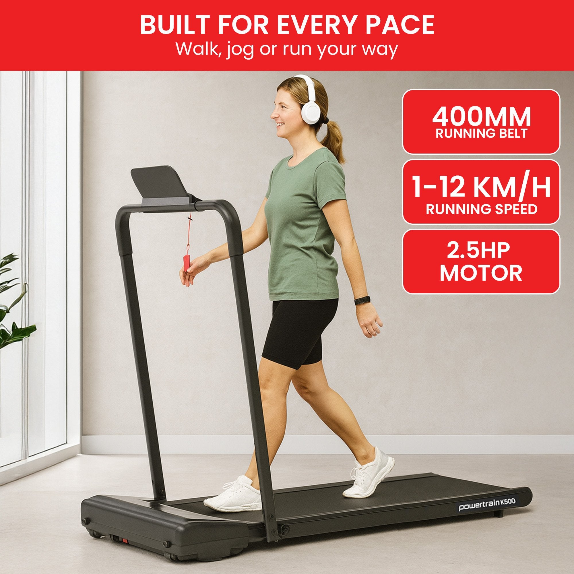 Powertrain K500 Walking Pad Treadmill 2 in 1 Foldable Walking & Running Machine w/2.5HP Motor Dual LED Displays 2 Level 9