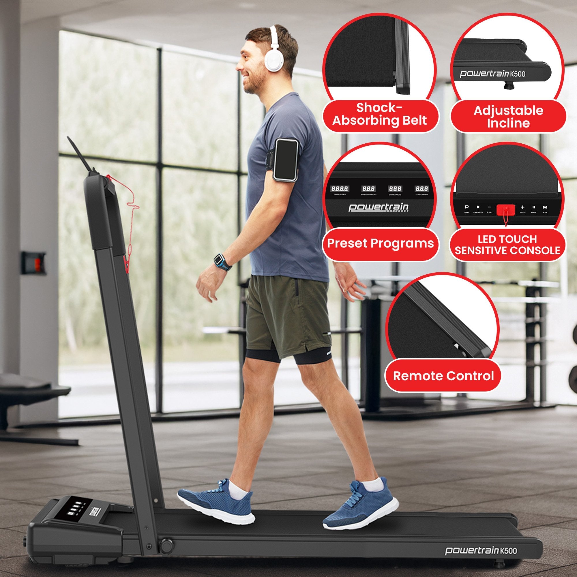 Powertrain K500 Walking Pad Treadmill 2 in 1 Foldable Walking & Running Machine w/2.5HP Motor Dual LED Displays 2 Level 10