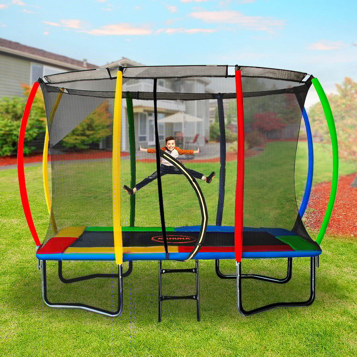 Kahuna 8ft x 11ft Outdoor Rectangular Rainbow Trampoline With Safety Enclosure And Basketball Hoop Set. 5