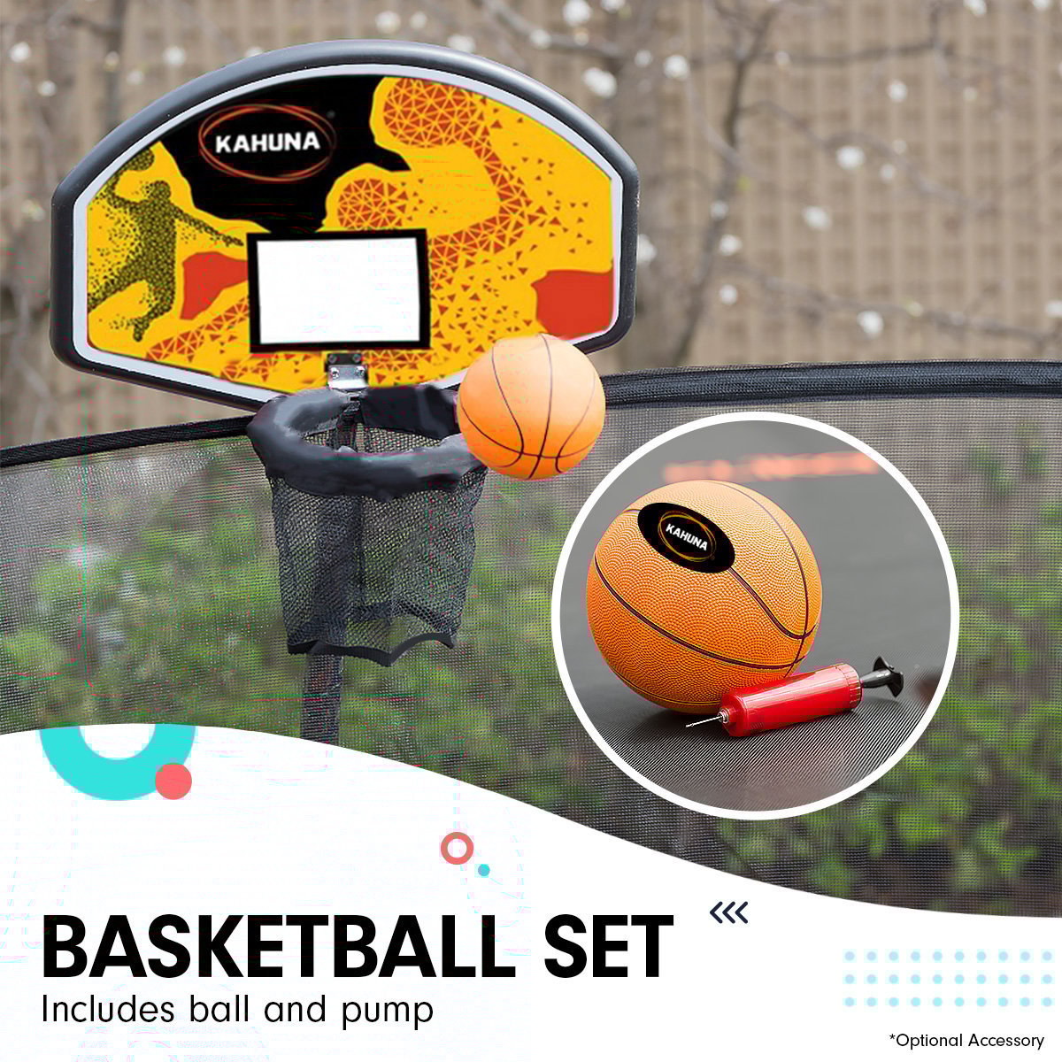 Kahuna 8ft x 11ft Outdoor Rectangular Rainbow Trampoline With Safety Enclosure And Basketball Hoop Set. 9
