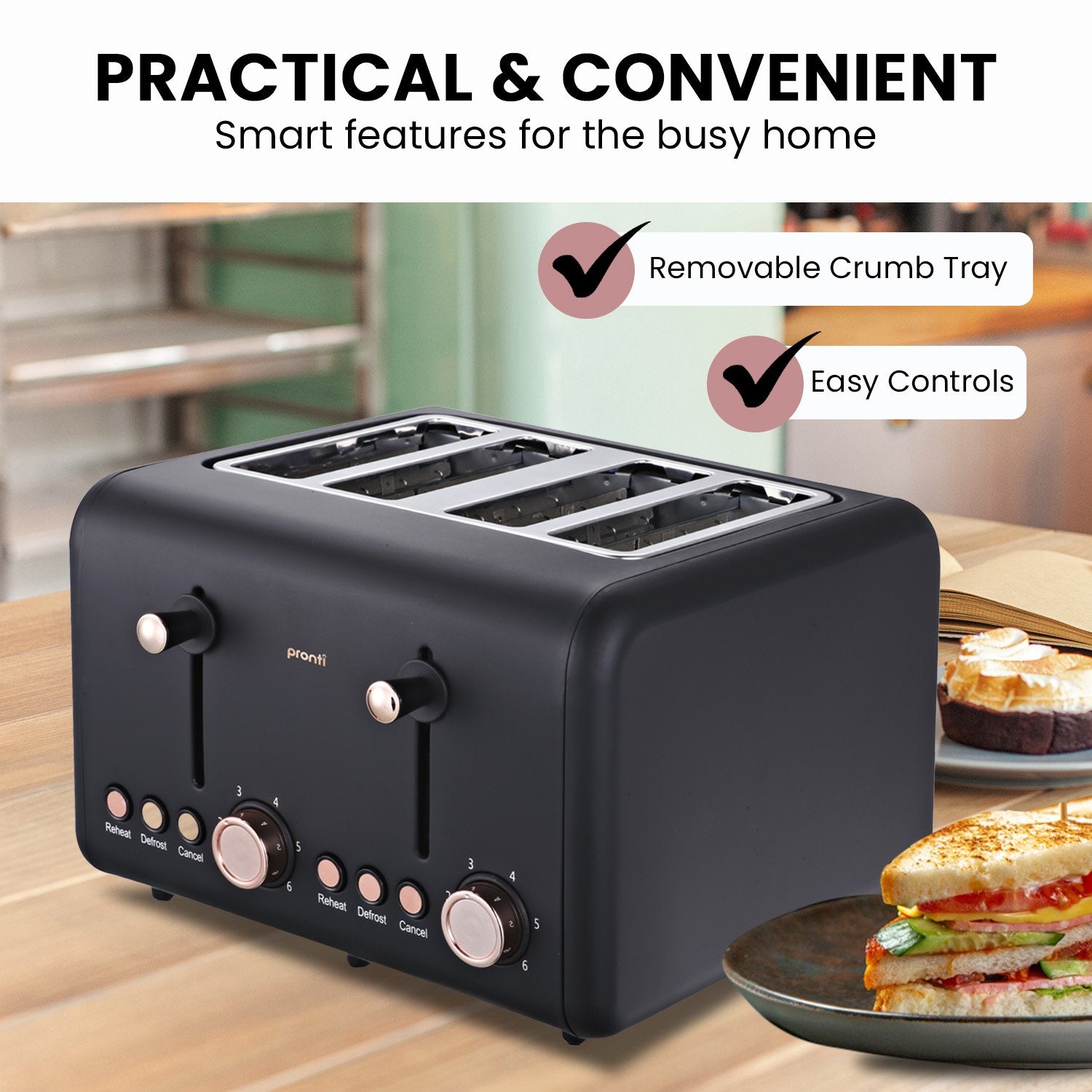 Pronti 4 Slice Toaster Rose Trim Collection - Black 4