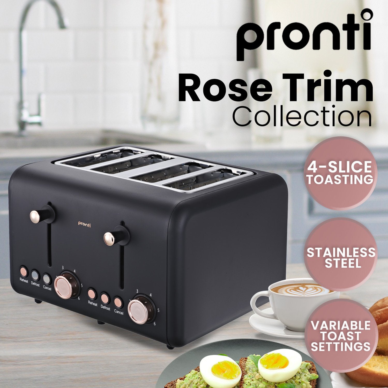Pronti 4 Slice Toaster Rose Trim Collection - Black 6