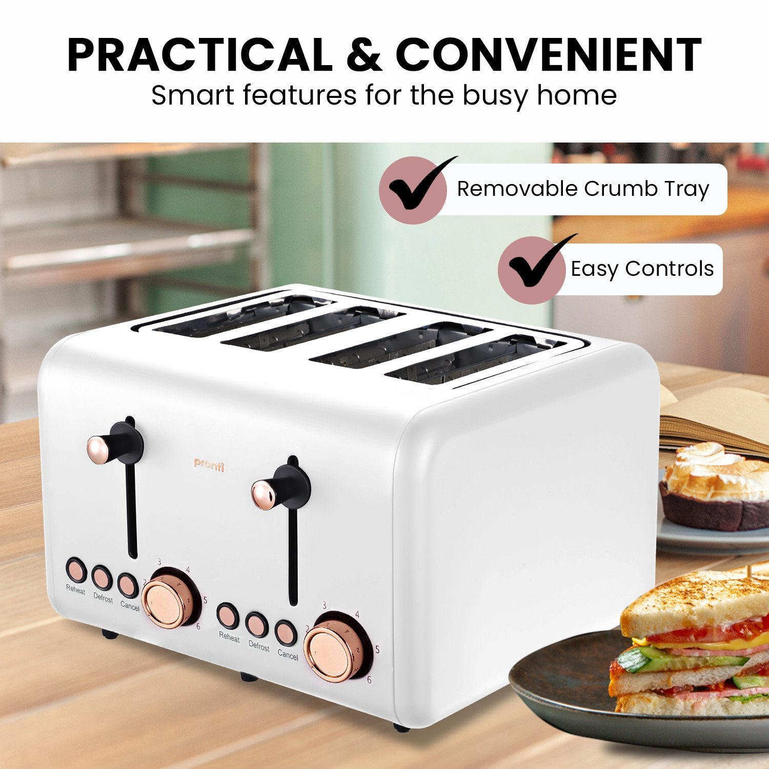 Pronti 4 Slice Toaster Rose Trim Collection - White 5