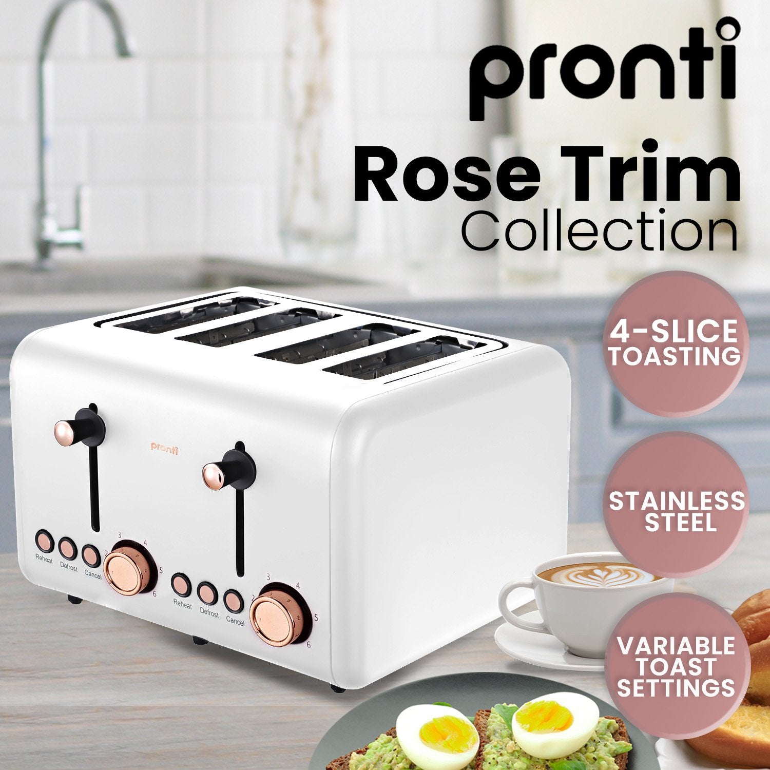 Pronti 4 Slice Toaster Rose Trim Collection - White 7