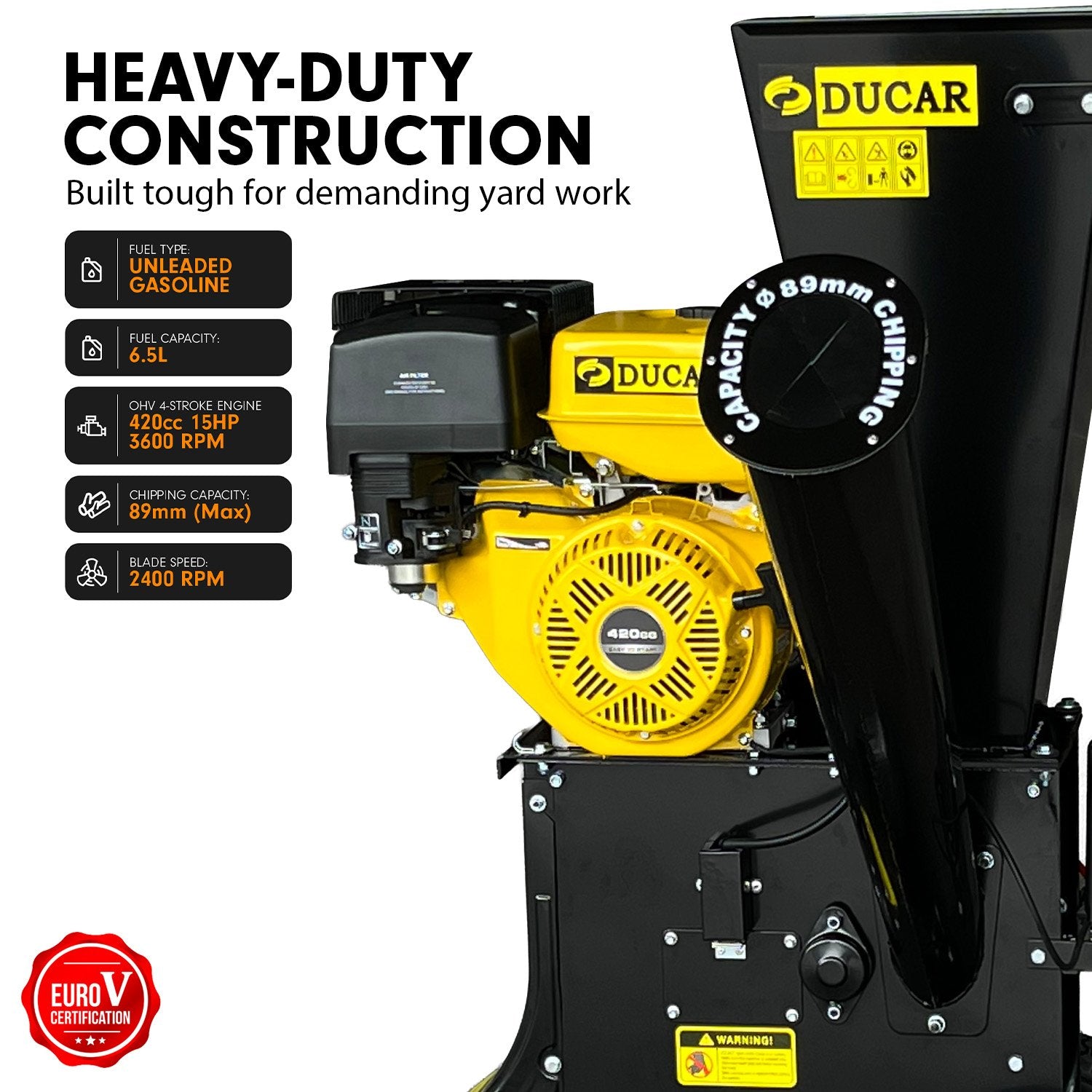 Ducar 89mm Key Electric Start Wood Chipper 420cc 15hp 4-stroke Engine Unleaded Petrol Garden Shredder Mulcher Grinder - 601c Black 5