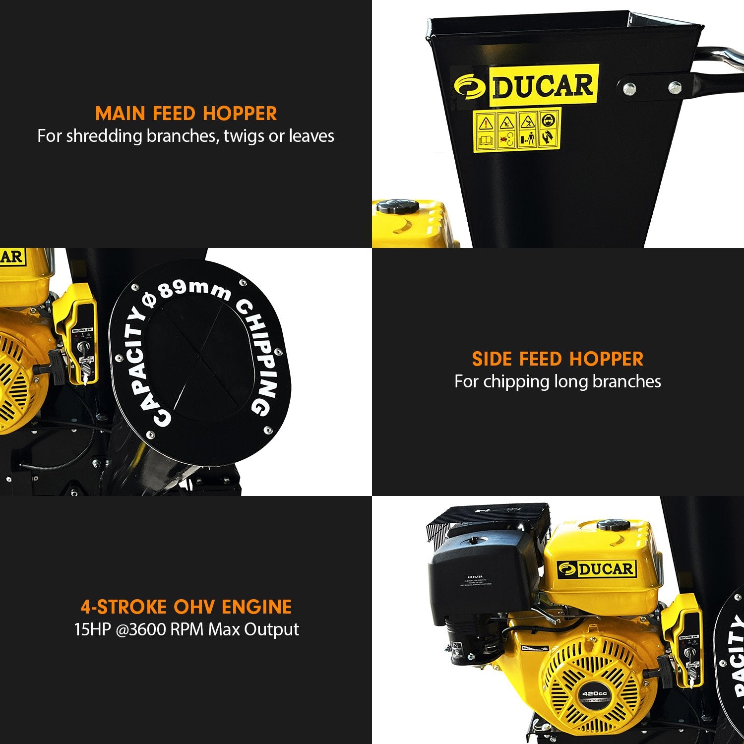 Ducar 89mm Key Electric Start Wood Chipper 420cc 15hp 4-stroke Engine Unleaded Petrol Garden Shredder Mulcher Grinder - 601c Black 8