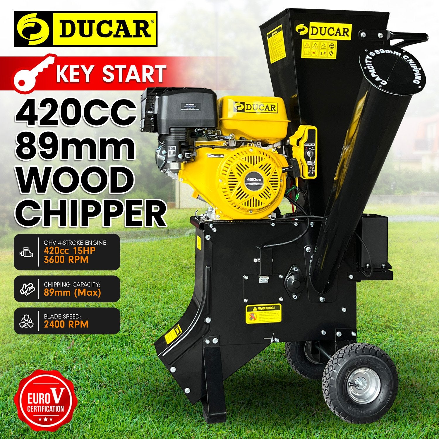 Ducar 89mm Key Electric Start Wood Chipper 420cc 15hp 4-stroke Engine Unleaded Petrol Garden Shredder Mulcher Grinder - 601c Black 10