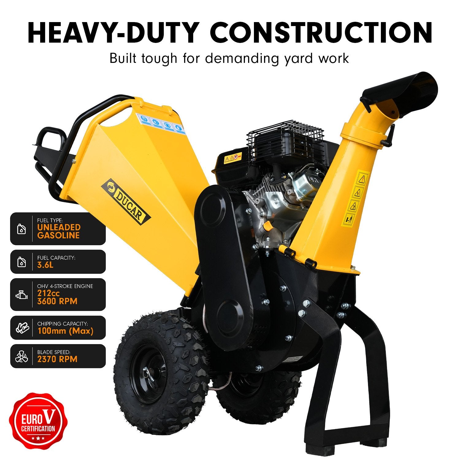 Ducar 70p 3600 Rpm Yellow Black Wood Chipper Shredder Mulcher Grinder Recoil & Electrical Starting System 100mm Capacity Ohv 4-stroke Engine 212cc Unleaded Petrol 5